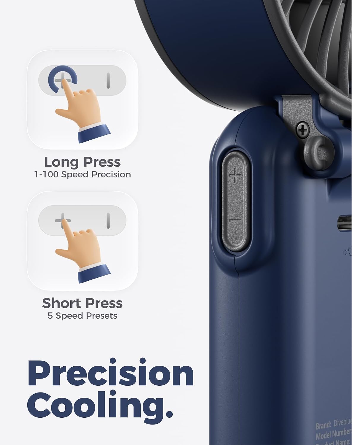 Detalle de Diveblues Portable Handheld Fan (D6036): 4-in-1, 180° Foldable, 12H Battery, USB-C