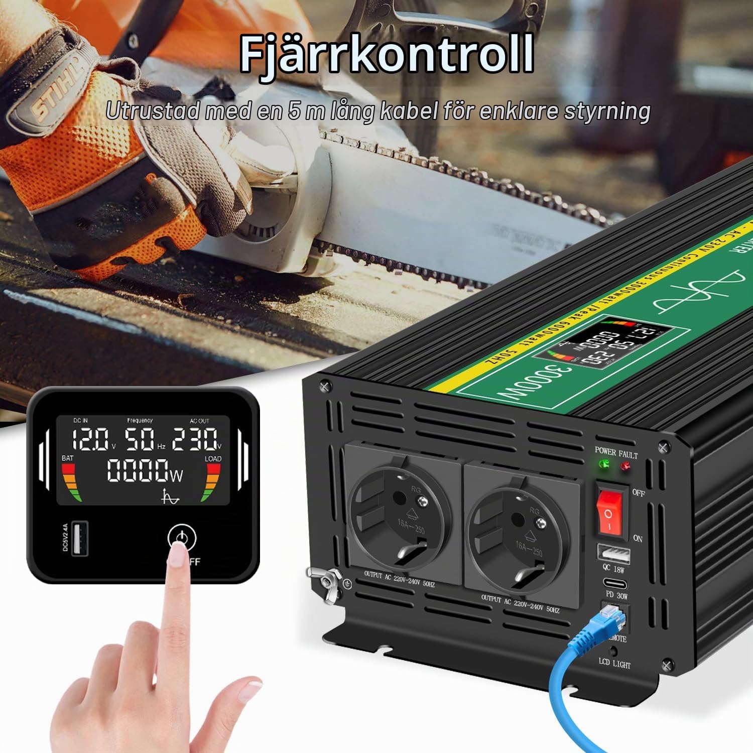 Detalle 2 de JIGUUN 3000W12V växelriktare med ren sinus, 230 V och fjärrkontroll