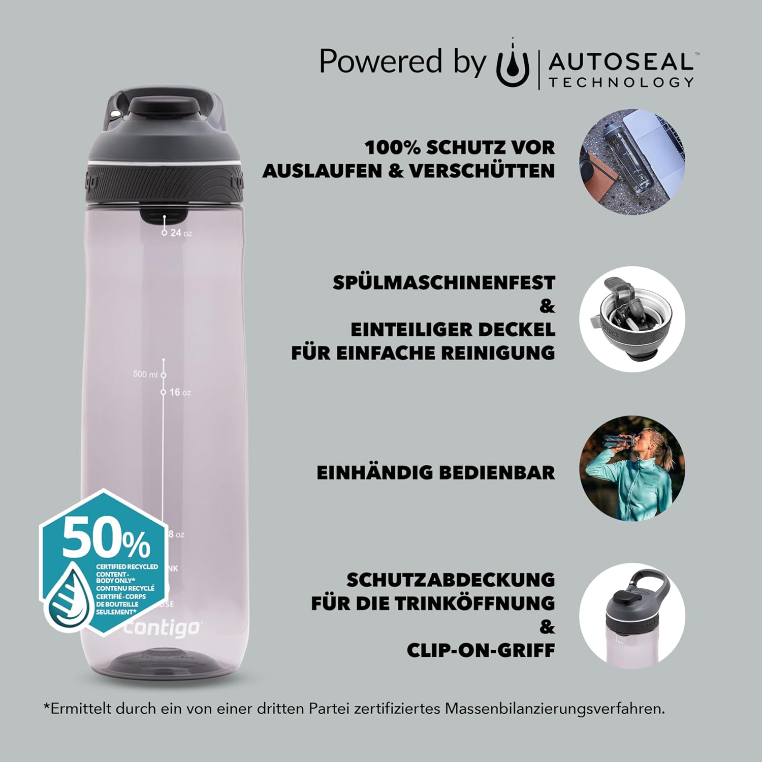 Detalle de Contigo Cortland Autoseal Trinkflasche mit 720 ml, BPA-frei und auslaufsicher