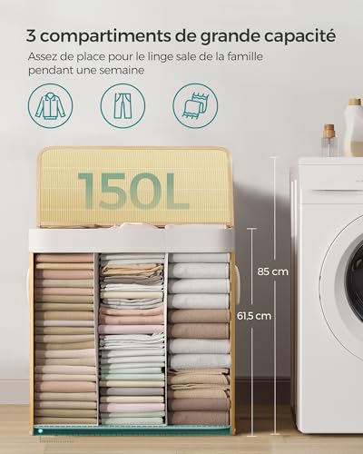 Detalle de SONGMICS Panier à Linge 150 L avec Couvercle et Bambou – Organisation pratique et naturelle