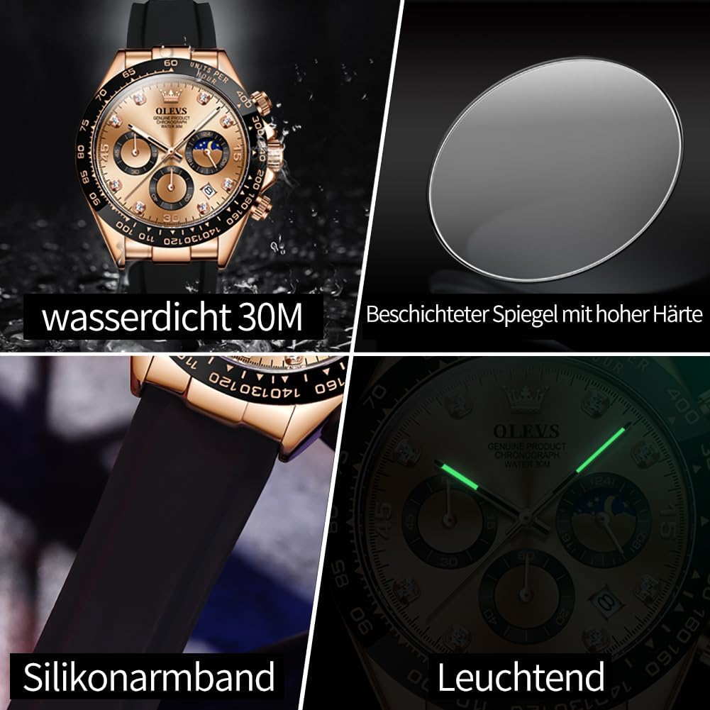 Thumbnail 2 de OLEVS Herren Chronograph Luxus Uhr mit Diamanten, Mondphase und Wasserdichtem Gehäuse