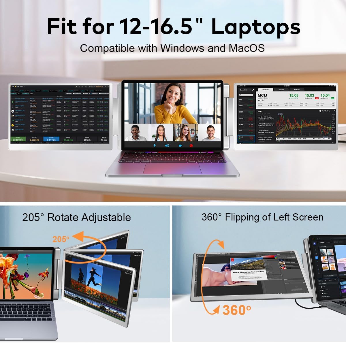 Thumbnail 5 de FQQ 14" Laptop Screen Extender (FHD IPS) Triple-Screen Portable Monitor for 12"–16.5" Laptops