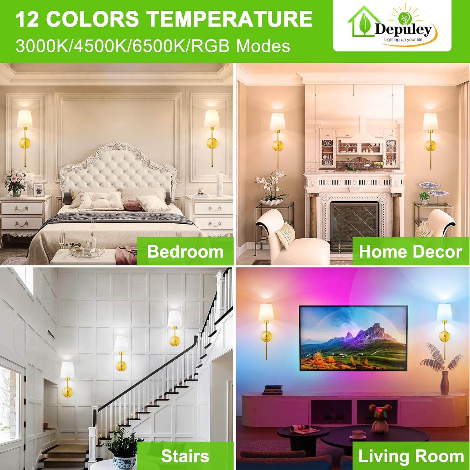 Detalle de Depuley Battery Operated Wall Sconce Set of 2 with Remote | Wireless, Rechargeable 10000mAh, 12 RGB Colors, 3000K-6500K dimmable