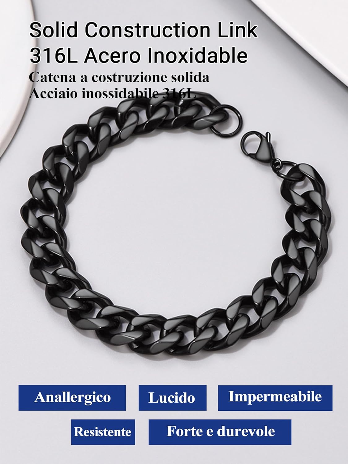 Thumbnail 6 de PROSTEEL Bracciale da uomo a catena cubana in acciaio con placcatura 18K, larghezze 3–12 mm (confezione regalo)