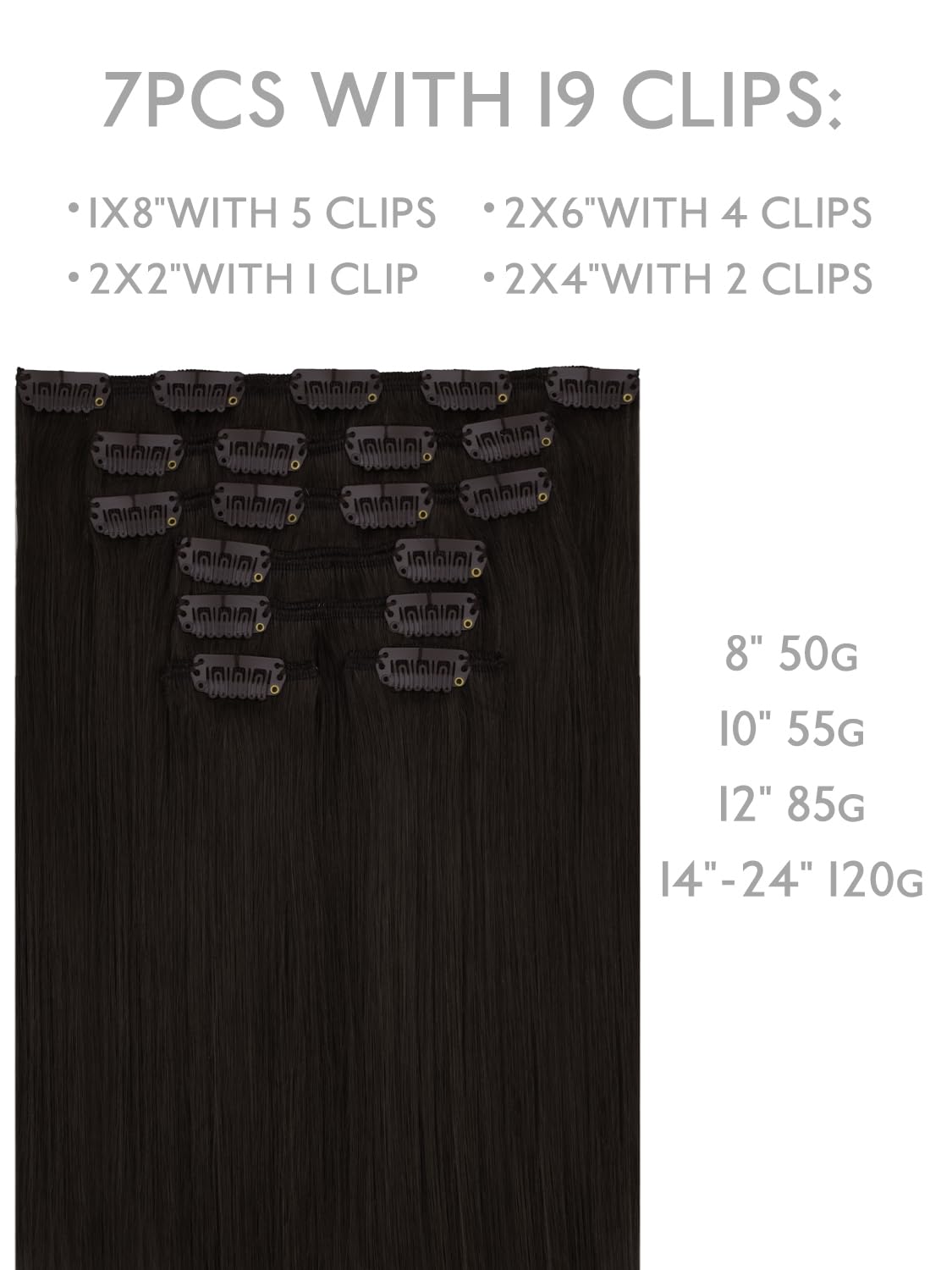 Detalle de WENNALIFE Clip-in Echthaar-Extensions Dunkelbraun (#2), 7-tlg, 55 g mit Clips
