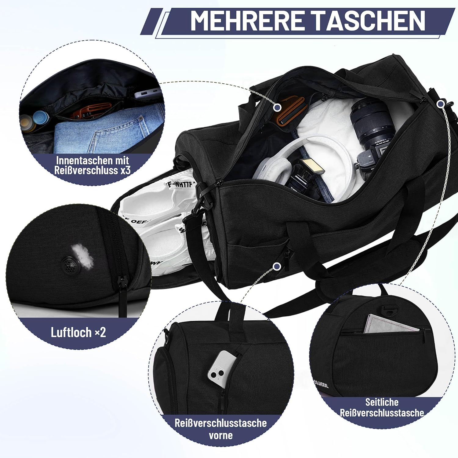 Detalle de BECOJADDE Sporttasche 25L – wasserdichte Nass- und Schuhfach-Duffel für Fitness, Reisen und Schwimmen (Schwarz)