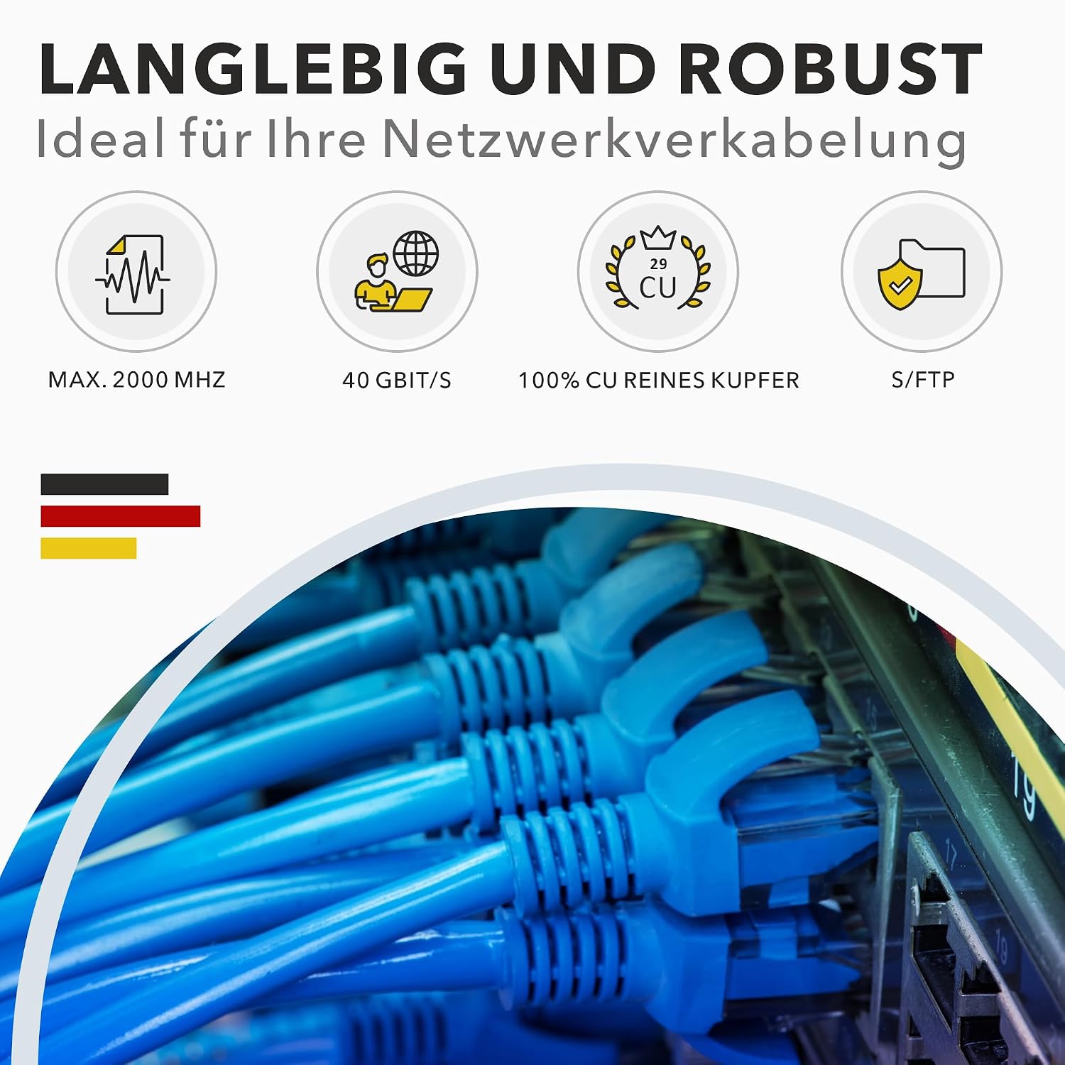 Detalle de 100 m Cat. 8 Verlegekabel (CAT8.1) – halogenfrei, geschirmt S/FTP, bis zu 40 Gbit/s