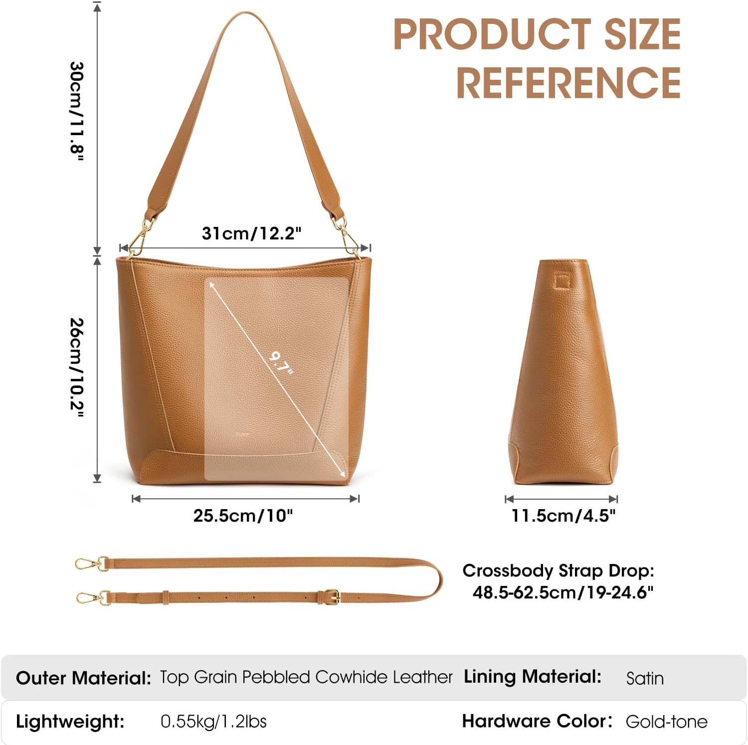 Thumbnail 2 de Kattee Top Grain Leather Bucket Handbag with Crossbody Strap (Medium Hobo Shoulder Bag)
