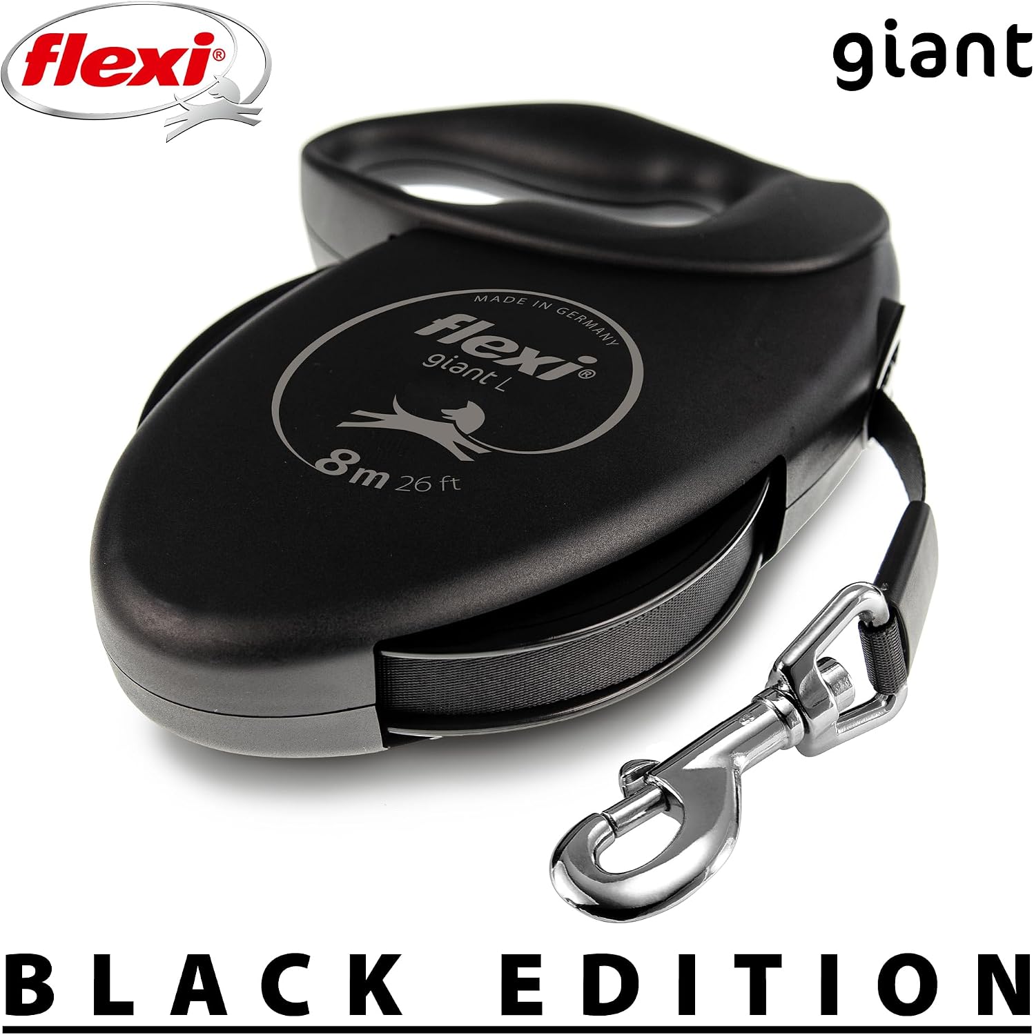 Detalle de flexi Giant Black Edition L – 8 m Gurt Roll-Leine für Hunde bis 50 kg, schwarz