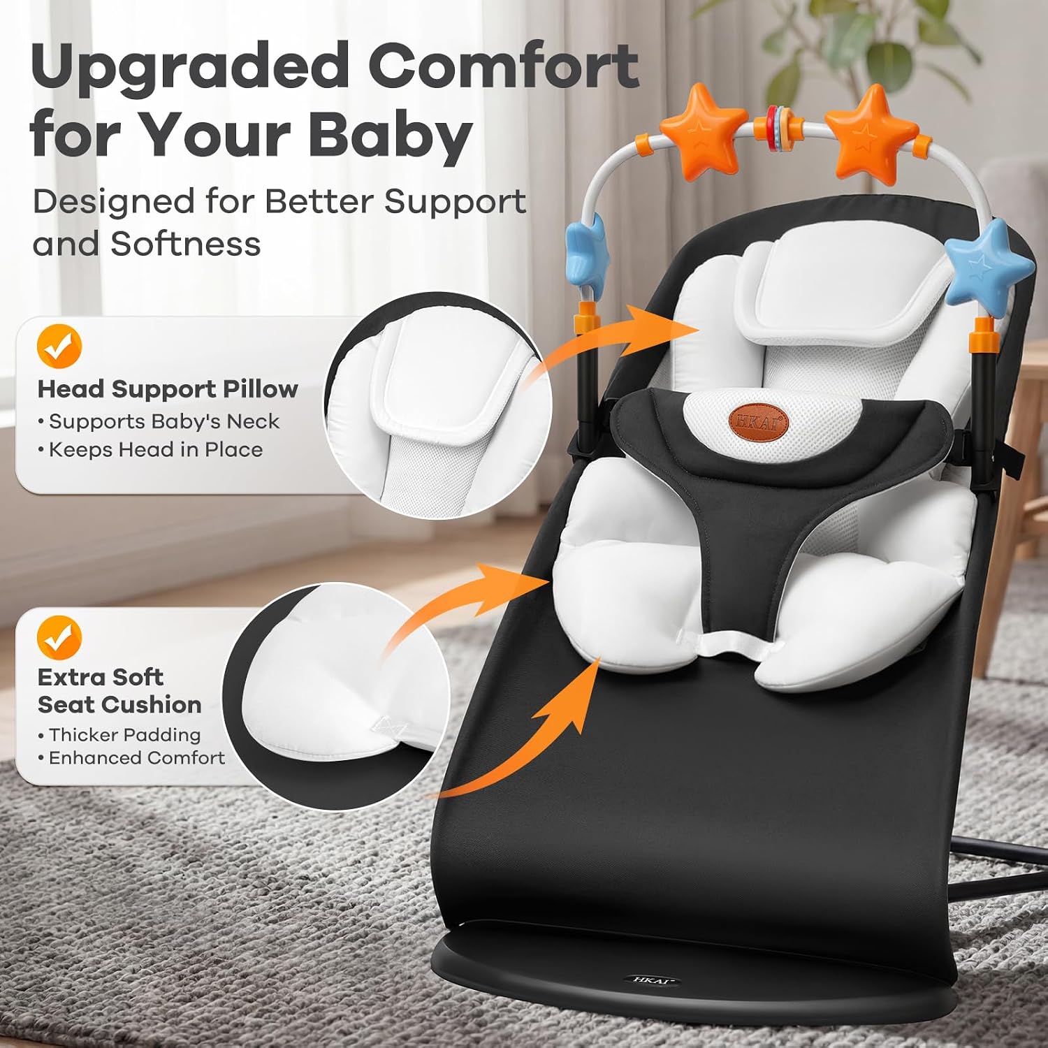 Detalle de HKAI Baby Bouncer Seat with Toy Bar, Seat Pad, and 3-Position Backrest