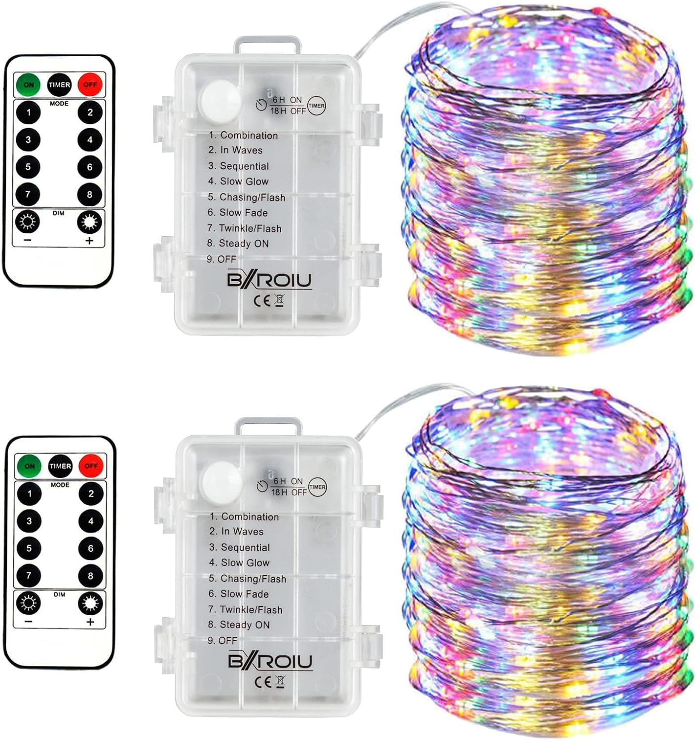 Detalle de BXROIU 2x LED-Lichterkette Batterie 5 m, 50 LEDs, Fernbedienung & Timer – kabellos für Innen & Außen