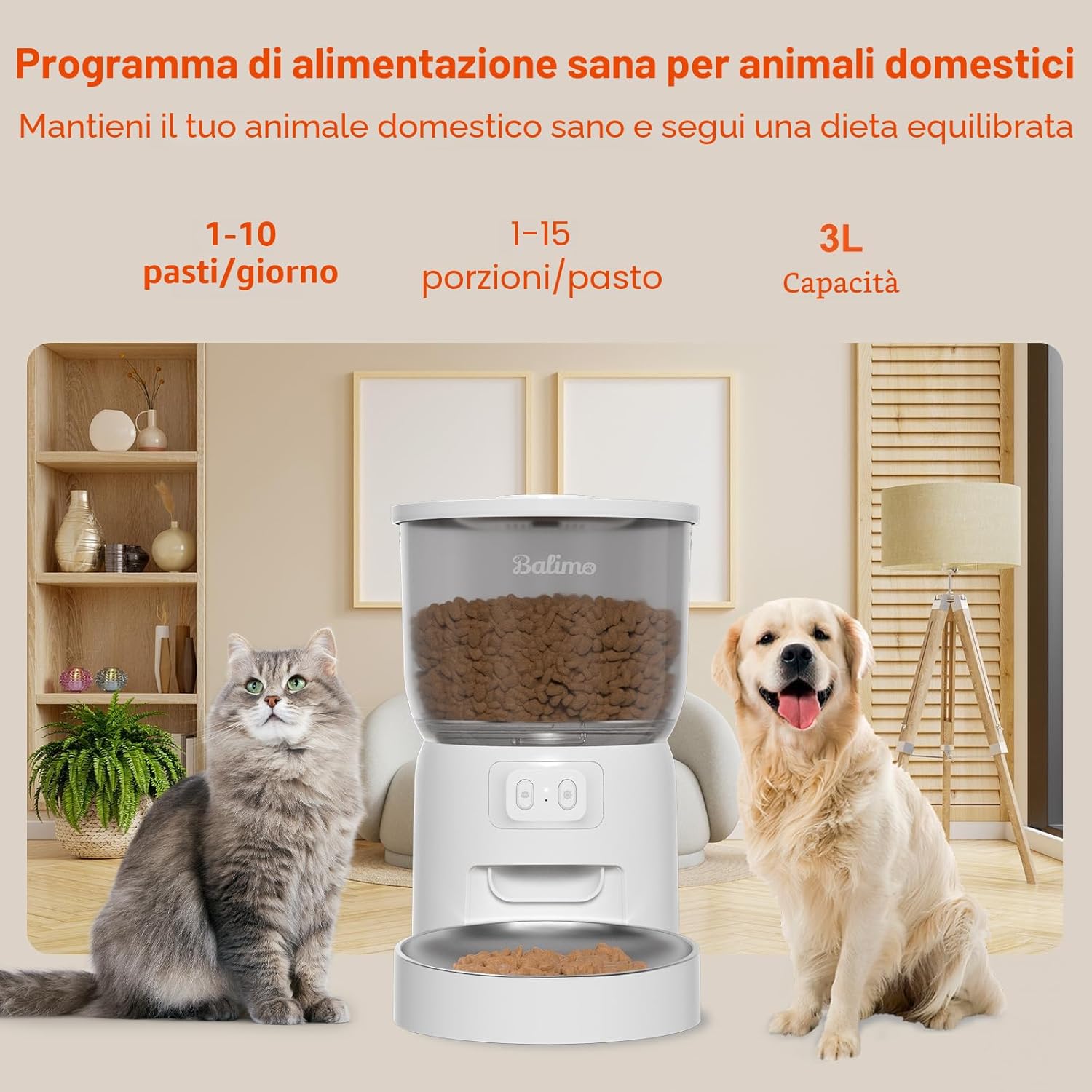 Detalle de Balimo Distributore Automatico Cibo Gatti: controllo WiFi, fino a 10 pasti al giorno, brocca in acciaio e design anti-ingresso