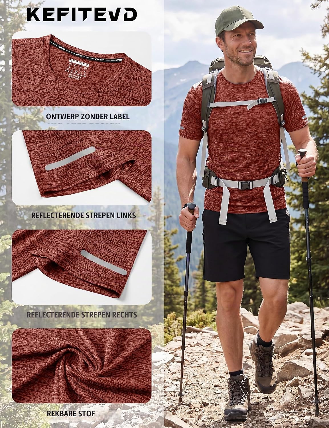 Detalle 1 de KEFITEVD KEF-326-EU heren sportshirt met korte mouwen, sneldrogend en ademend