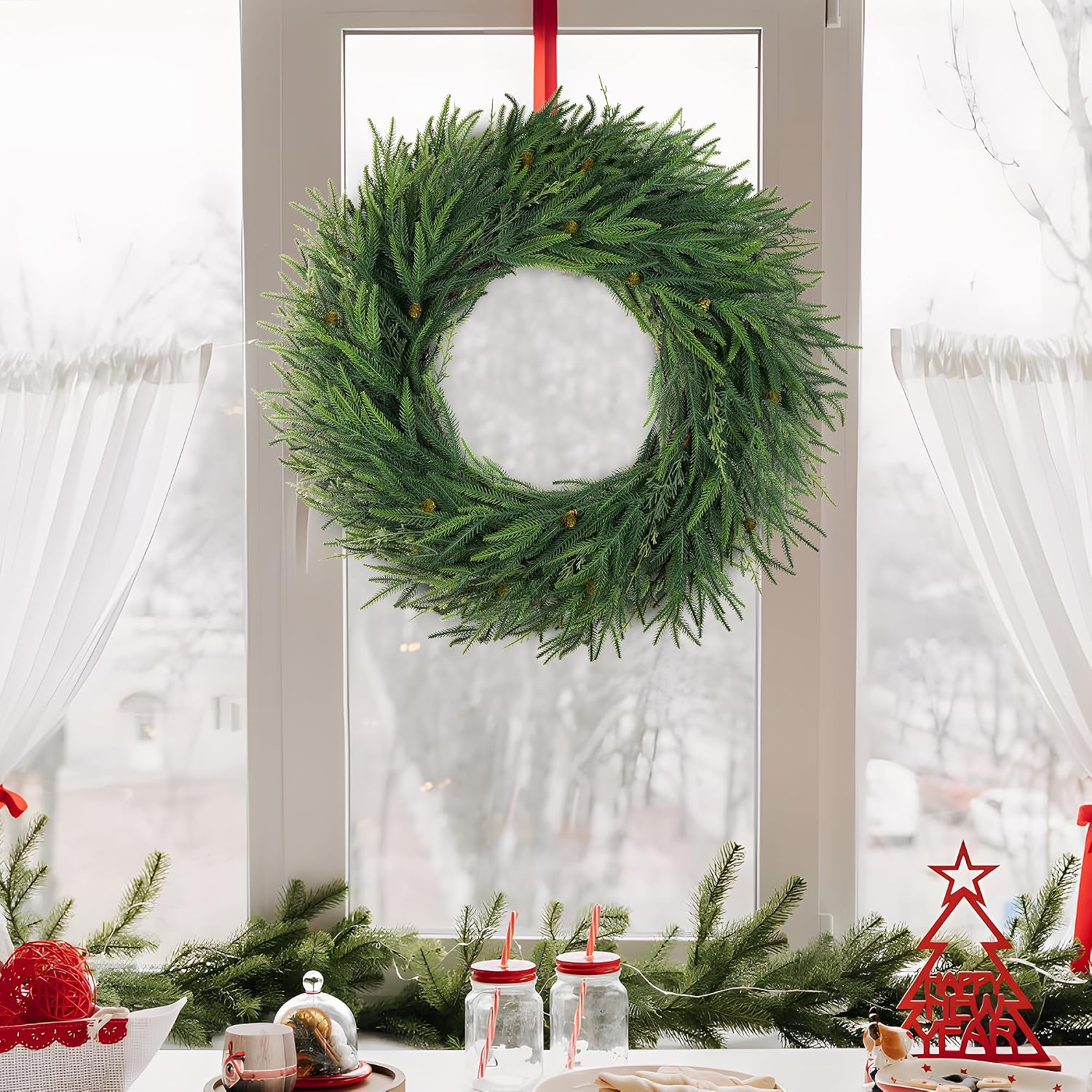 Thumbnail 6 de SEVENLOVE Cedar 30-inch Artificial Norfolk Pine Wreath, Green Year-Round Decor