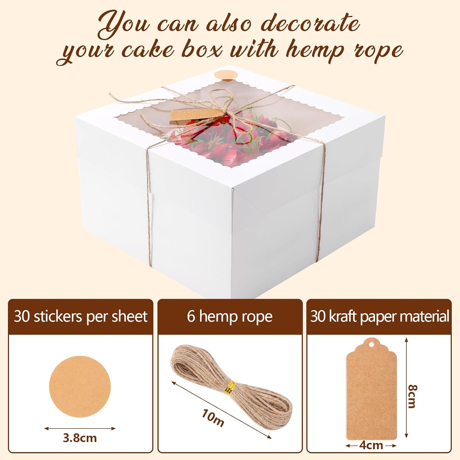 Detalle de NEOACT 30 Pcs 12x12x8 Inch White Bakery Boxes with Window — 12 Inch Tall Cake Boxes for Birthday and Wedding