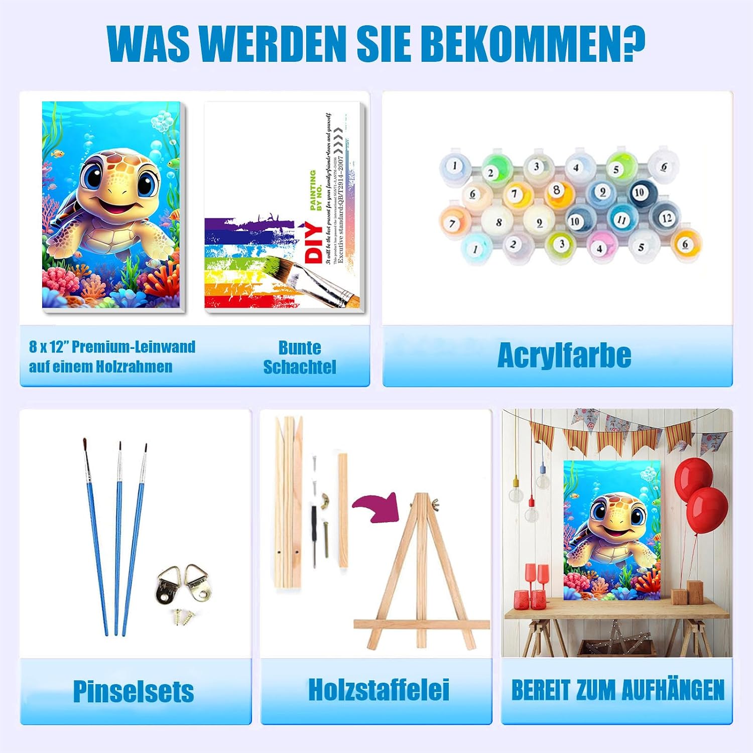 Detalle de Pujeknm Schildkröte – Malen nach Zahlen für Kinder ab 5 Jahren (20x30 cm, mit Rahmen, Holzstaffelei)
