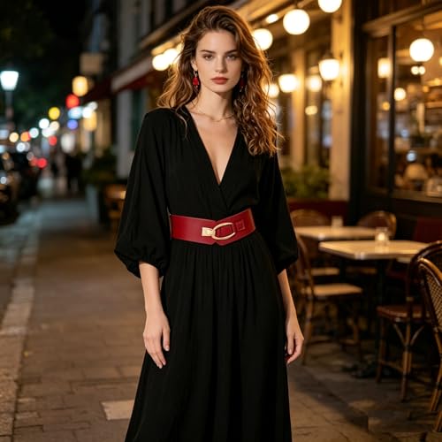 Detalle de LEACOOLKEY Damen breiter elastischer Gürtel – Vintage-Style mit goldener Schnalle