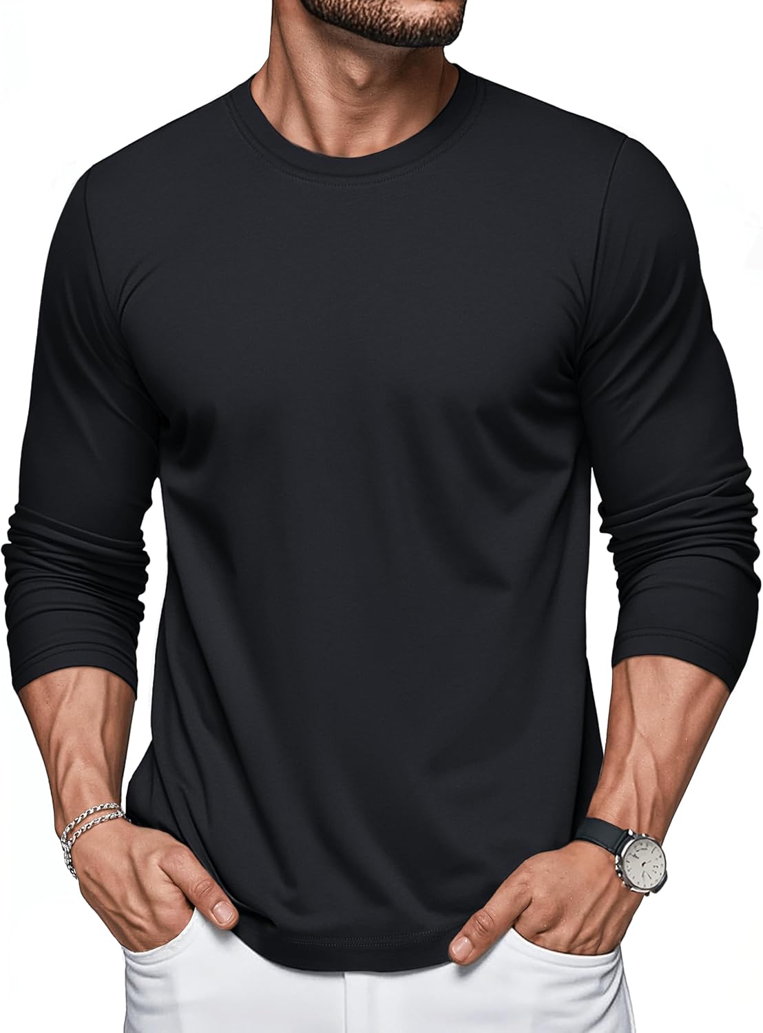 Detalle de MAGCOMSEN Langarmshirt Herren aus Baumwolle – Longsleeve mit Rundhals für Freizeit & Alltag