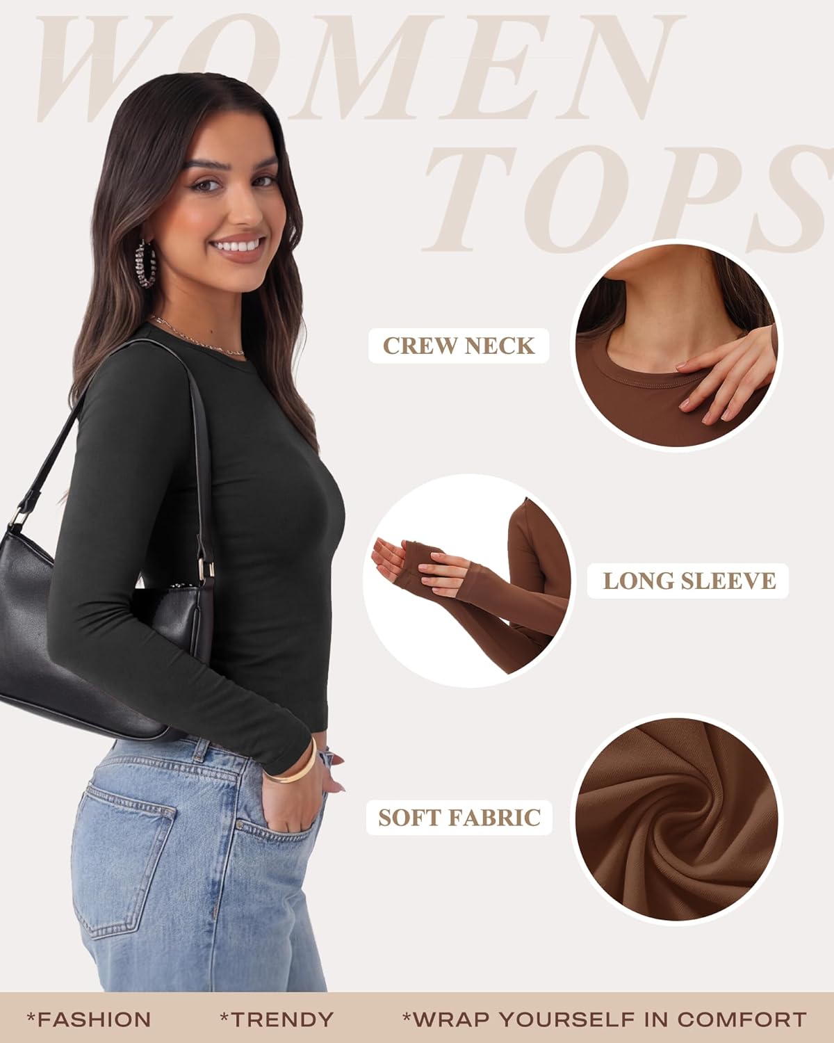 Thumbnail 2 de TNNZEET Women’s Long Sleeve Basic Soft Tee (4-Way Stretch Crew Neck Crop Top)