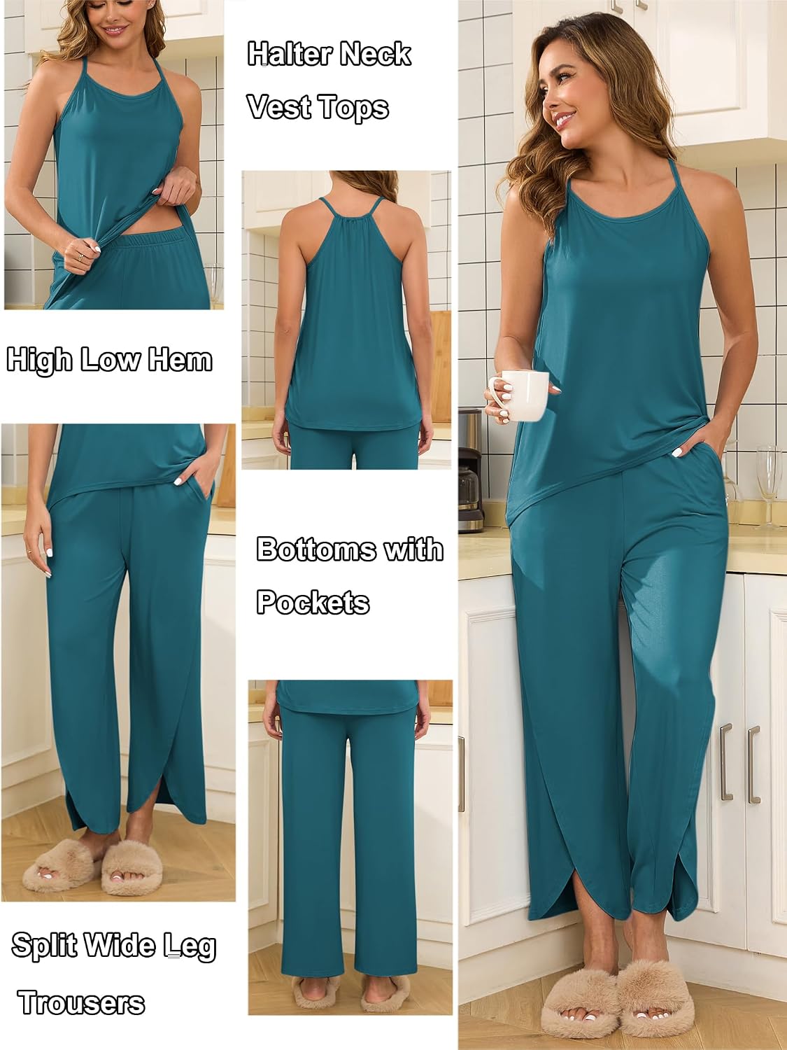 Detalle de Famulily women’s loungewear pyjama set with pockets – halter top & wide-leg split trousers (S–XXL)