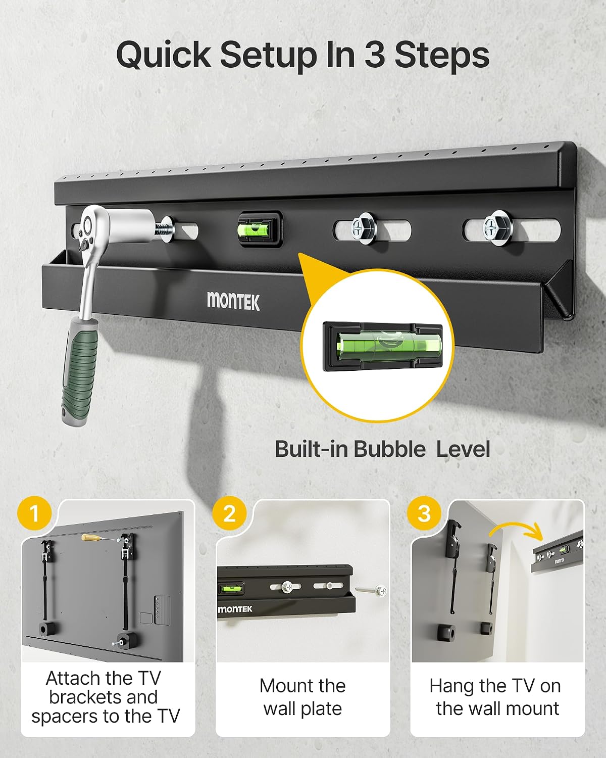 Detalle de monTEK No Stud TV Wall Mount for 23-65 Inch Flat & Curved TVs (Up to 132 lbs) — No Drill, Low Profile