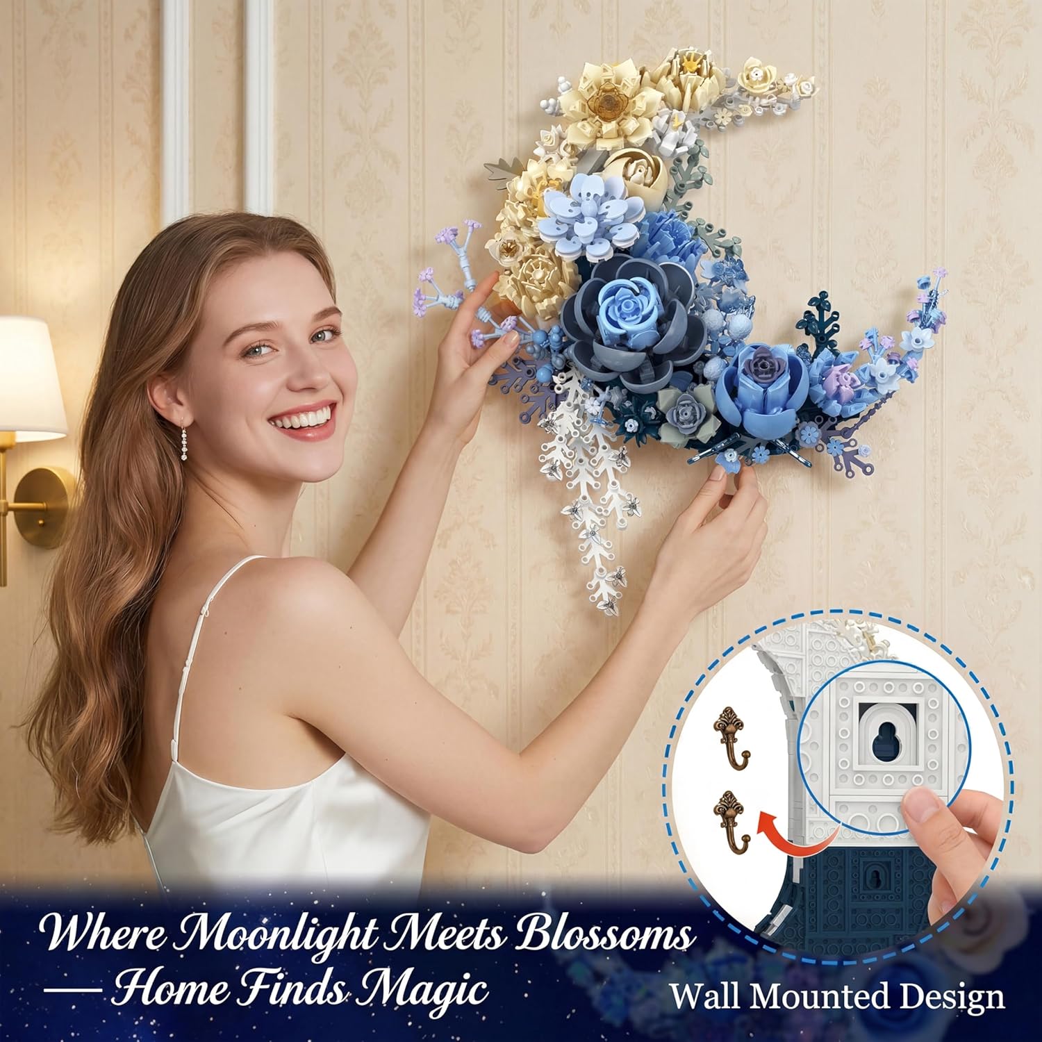 Detalle de Loyratche Blue Moon Flower Building Set: Crescent Moon Floral Art for Adults