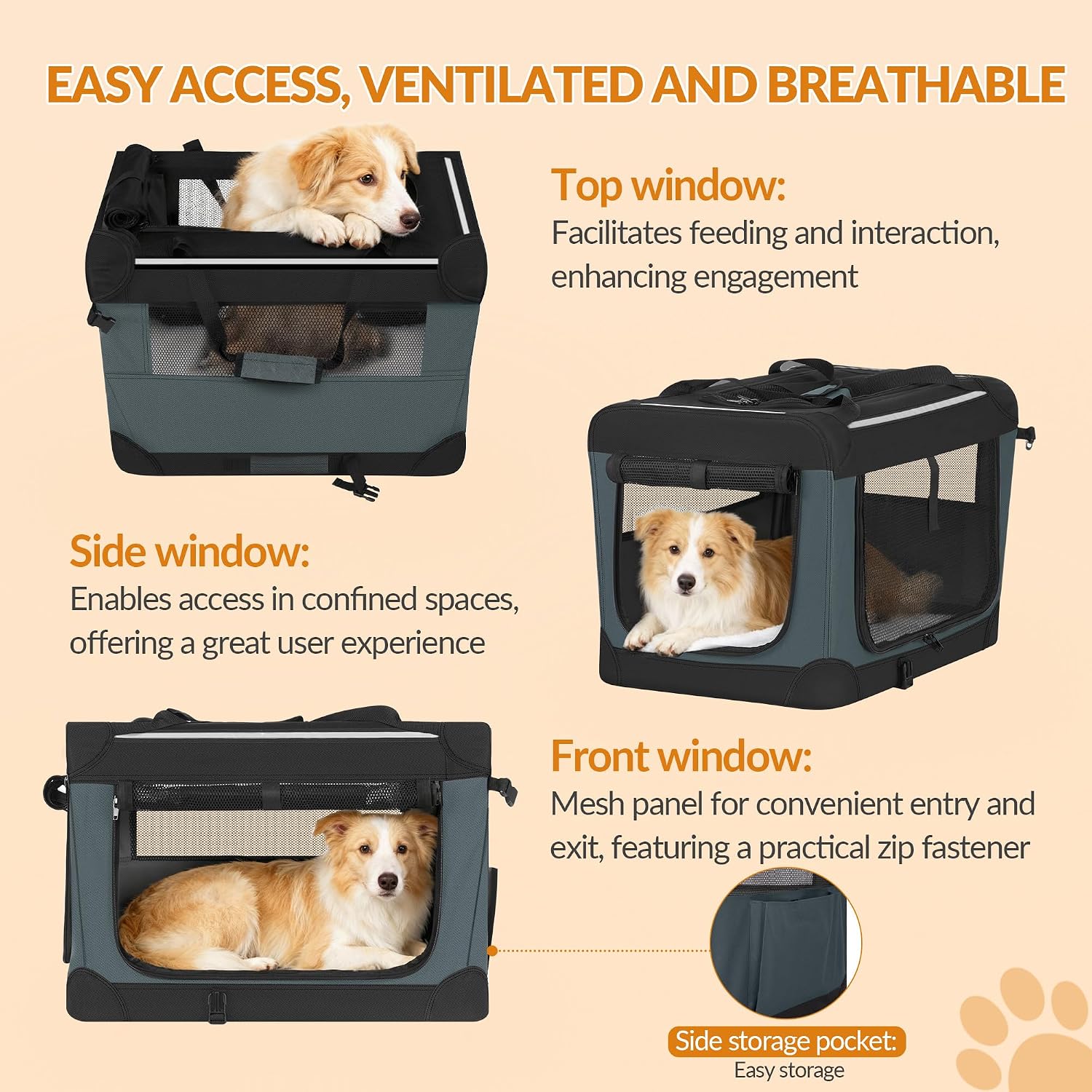 Thumbnail 6 de Fobyfurny Hundebox Faltbar FPDT001OG1 – Tragbare Transportbox aus 600D Oxford-Gewebe, 60 x 42 x 42 cm