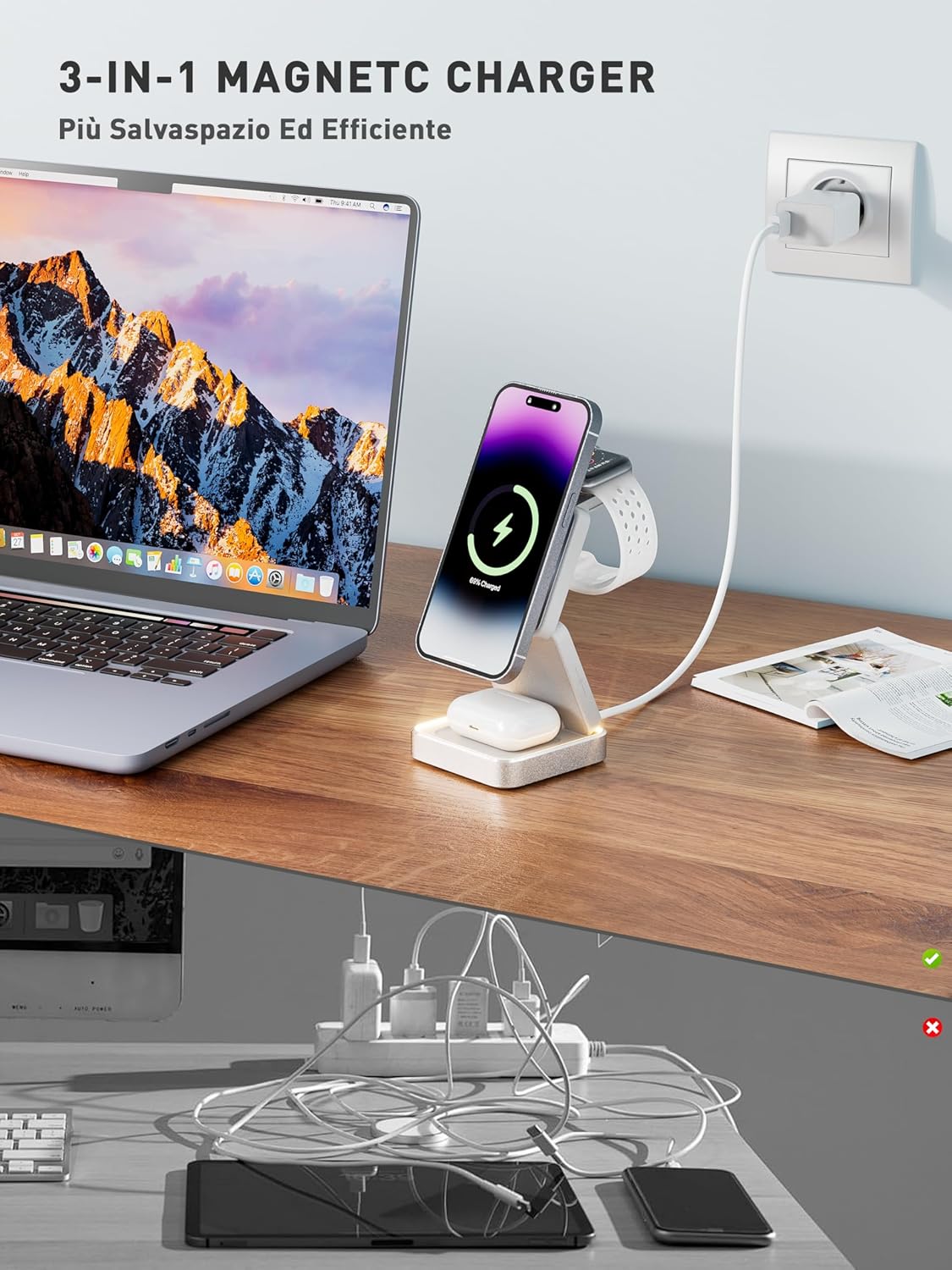 Thumbnail 1 de tigratigro Caricatore Wireless 3 in 1 pieghevole con MagSafe (argento) per iPhone 16/15/14/13/12, Apple Watch e AirPods