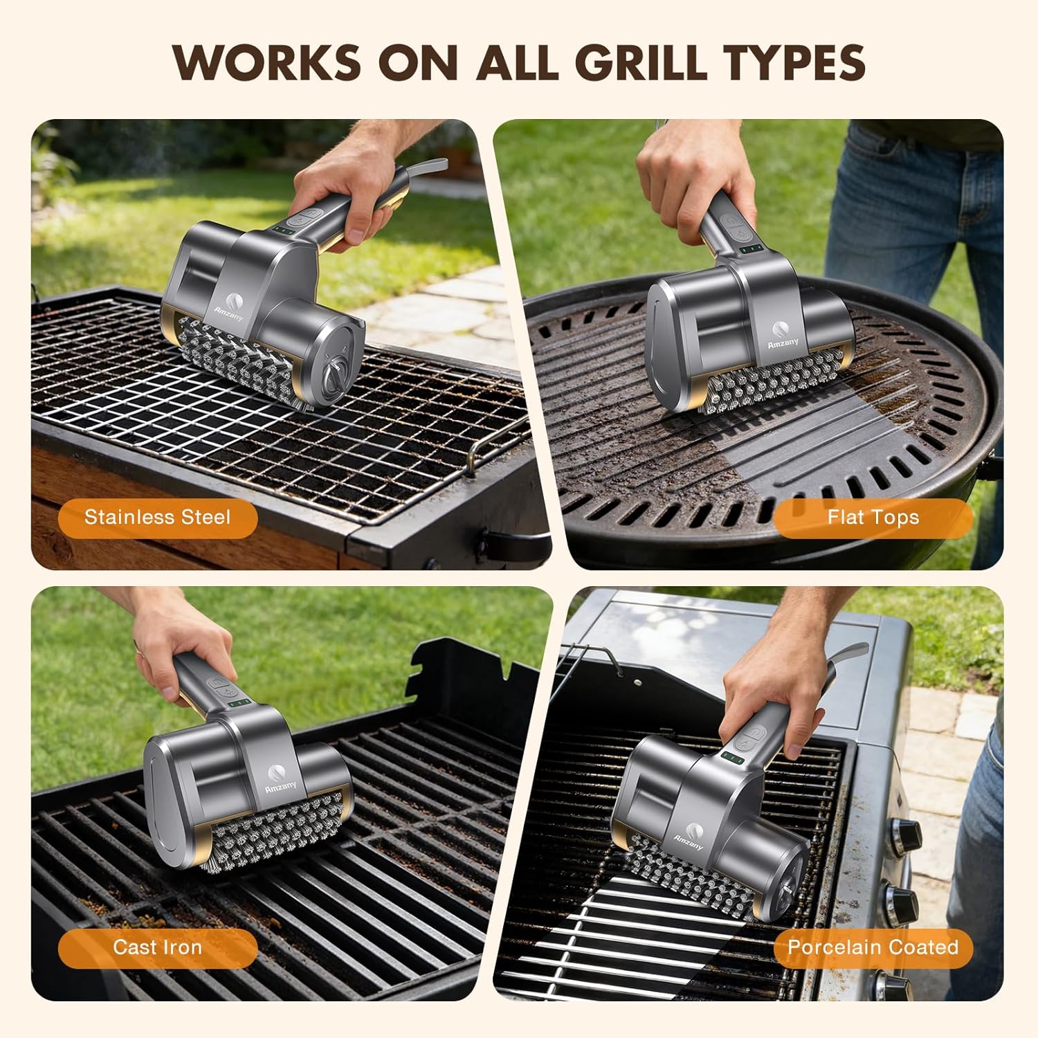 Detalle 2 de Amzany electric grill brush with 3 replaceable heads