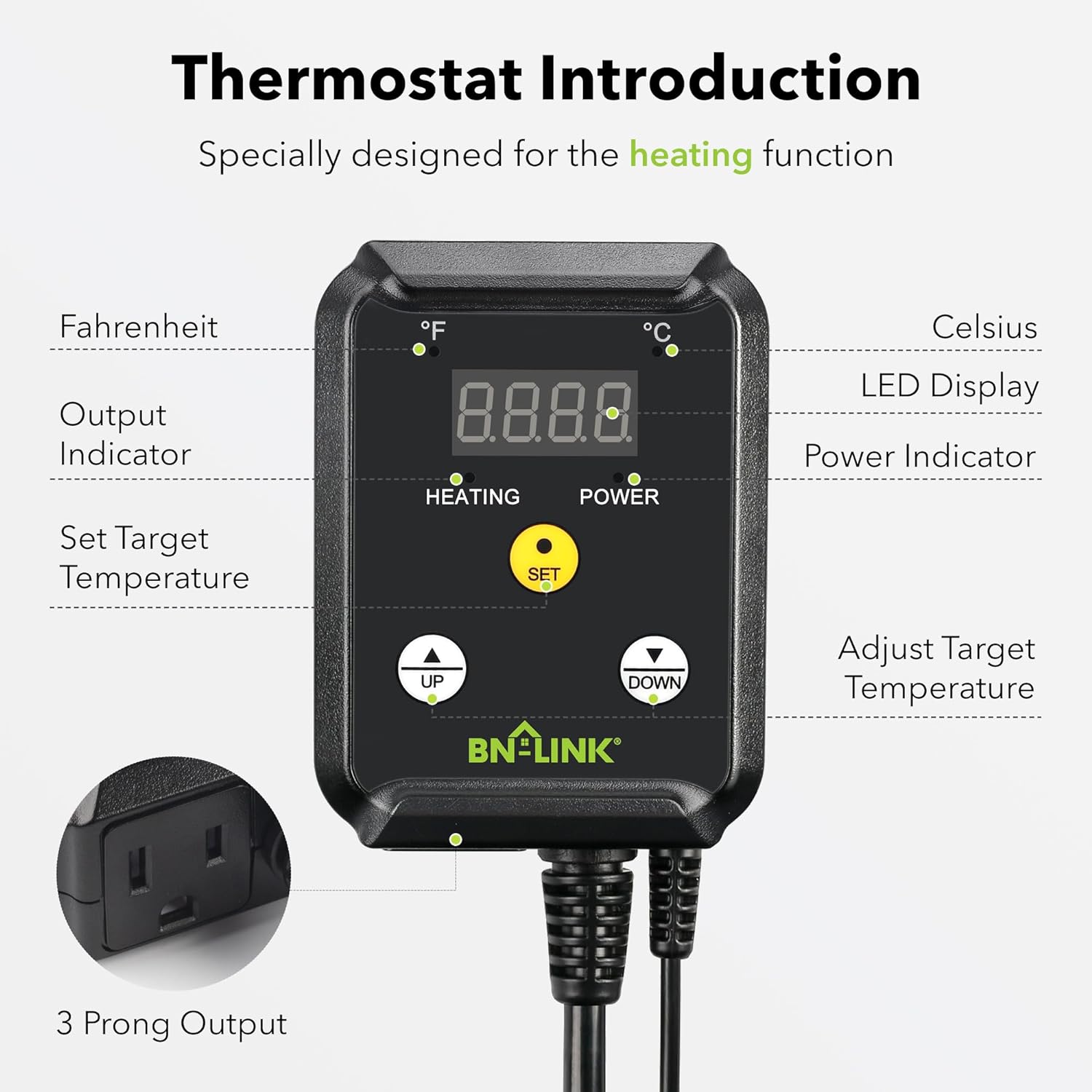 Detalle de BN-LINK T7(H) Digital Thermostat Controller, 40–108°F, 1,000W