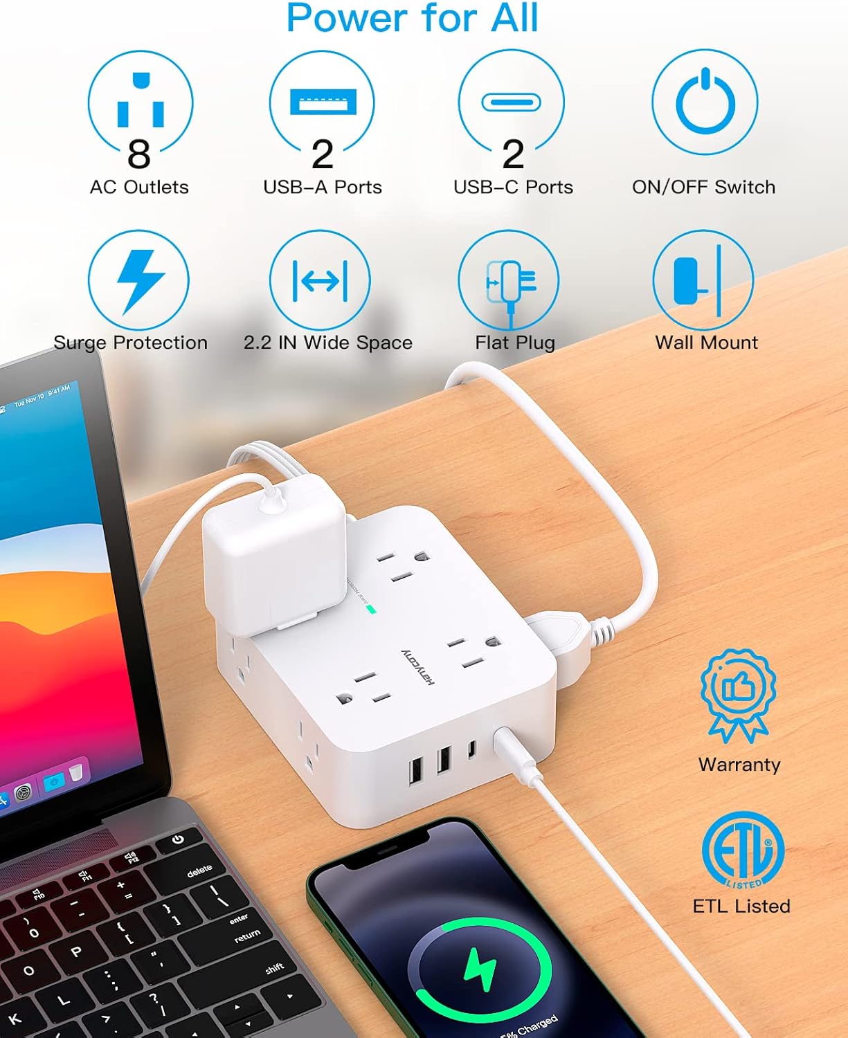 Thumbnail 1 de HANYCONY Surge Protector Strip, 8 Outlets ⚡