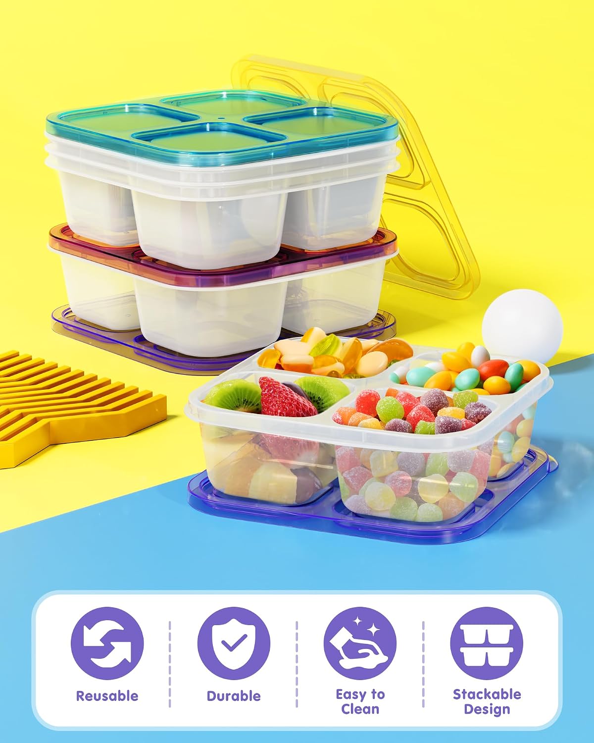 Thumbnail 6 de Canfanni 5-Piece Bento Snack Containers, Clear 4-Compartment, 2-Cup Capacity