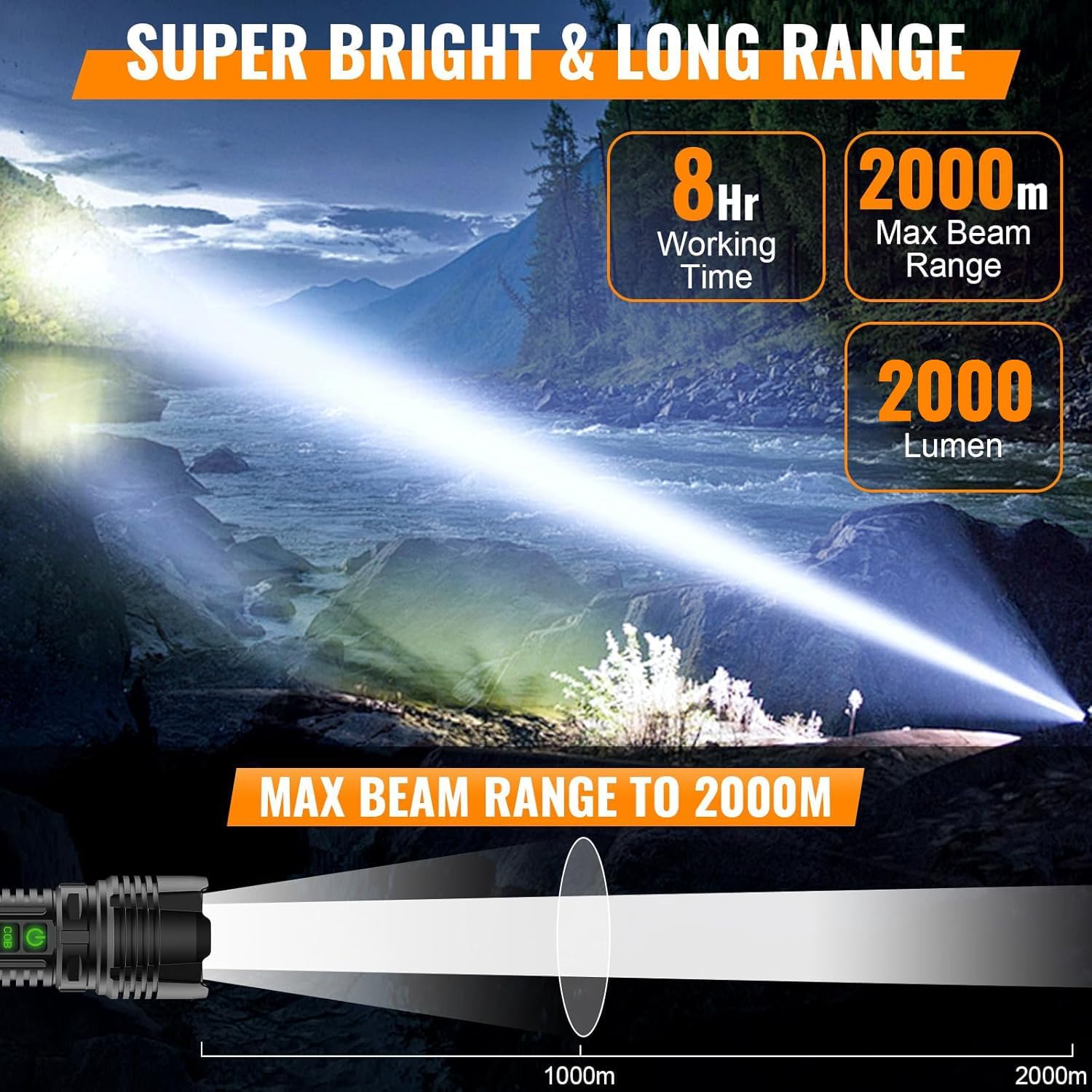 Detalle de Rechargeable LED Flashlight 2000 lumen ⚡