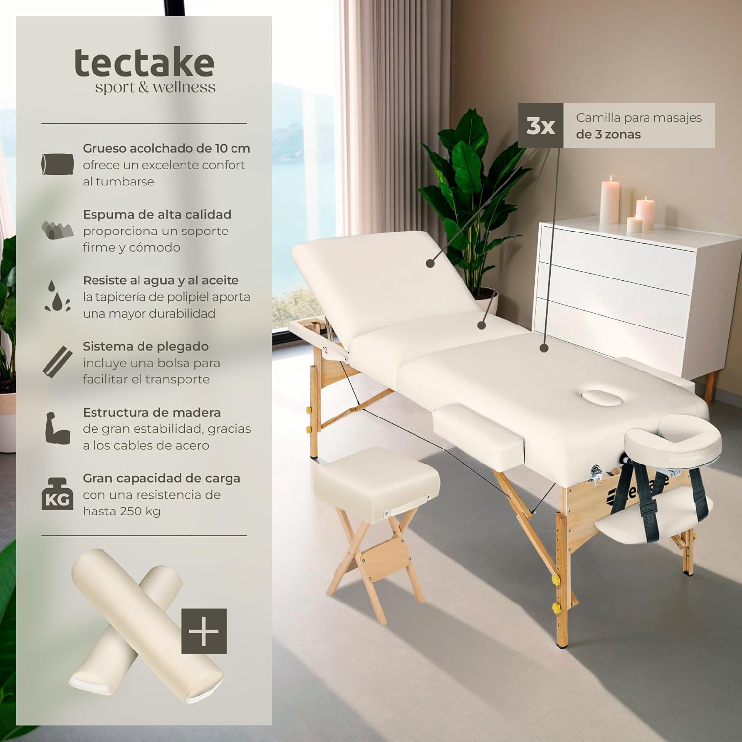 Detalle de tectake Camilla Masaje Plegable de Madera 218 cm