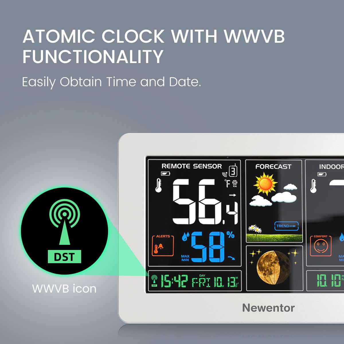 Detalle de Newentor 2-Sensor Wireless Weather Station, White Color Display and Atomic Clock