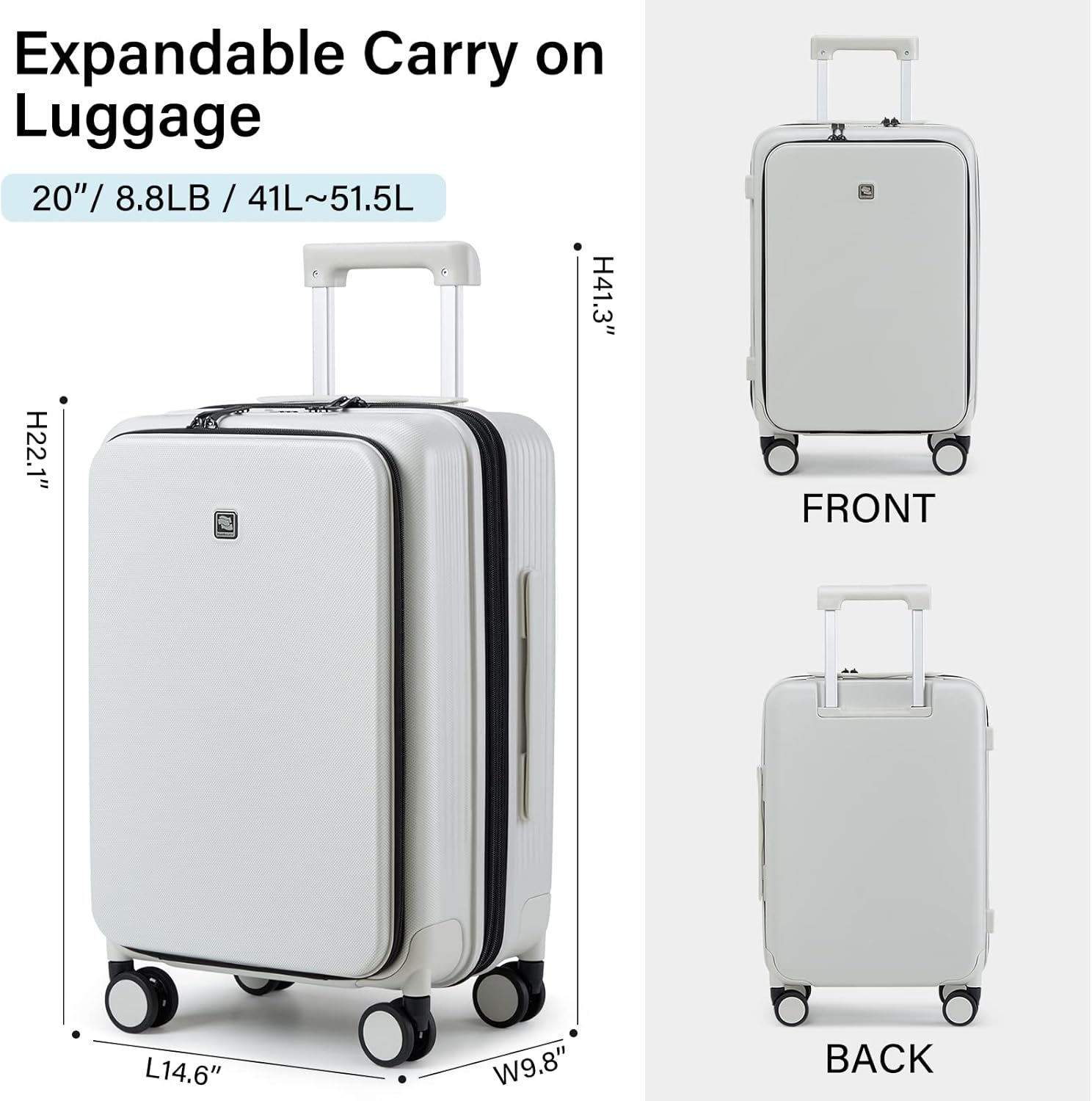Thumbnail 2 de Hanke 20-inch expandable hard-shell cabin case with laptop compartment, spinner wheels and combination lock (ivory white)