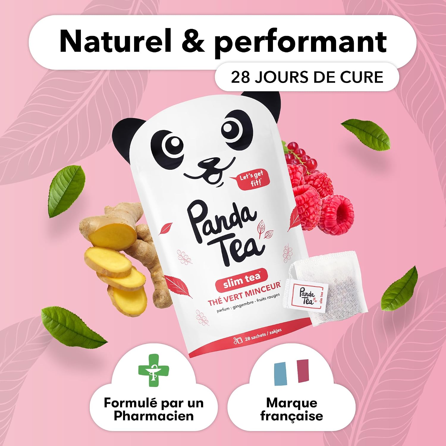 Detalle 2 de Panda Tea - Slim Tea Framboise Gingembre : thé vert bio detox & perte de poids en 28 sachets