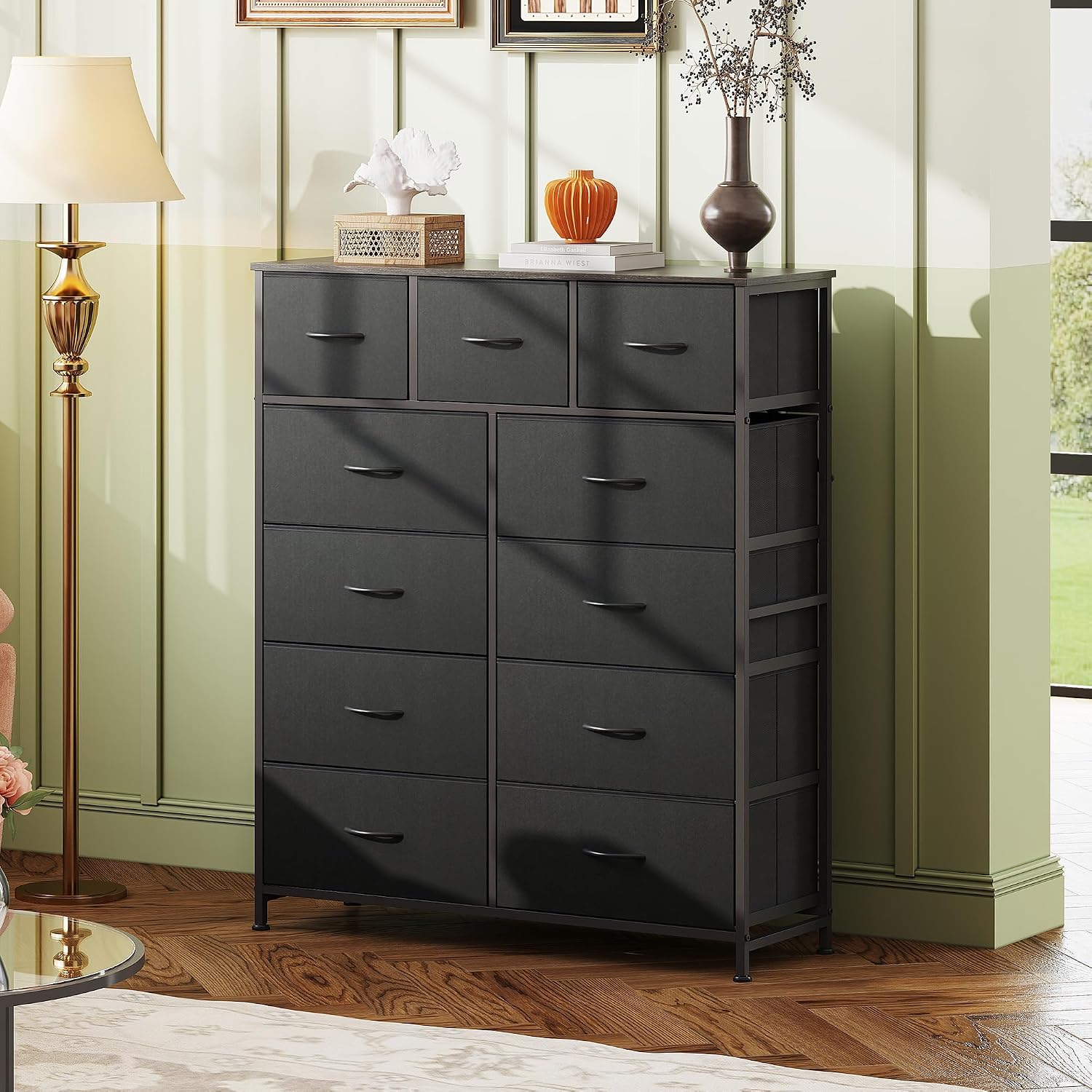 Detalle de WLIVE ASNG203 Tall Dresser, 11 Fabric Drawers, Charcoal Black