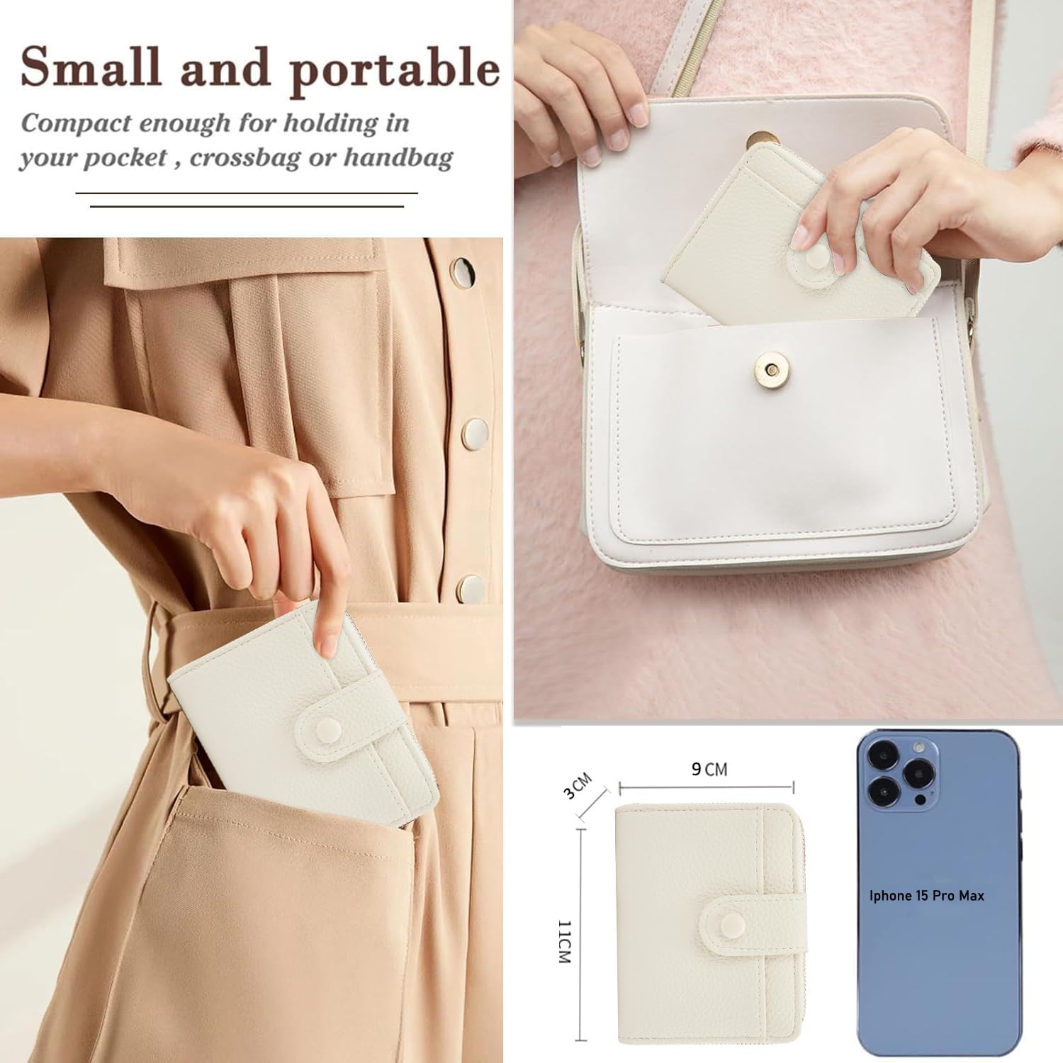 Thumbnail 3 de ANYWN Damen-Geldbörse klein aus weichem Leder mit Reißverschluss und RFID-Blockierung (beige)