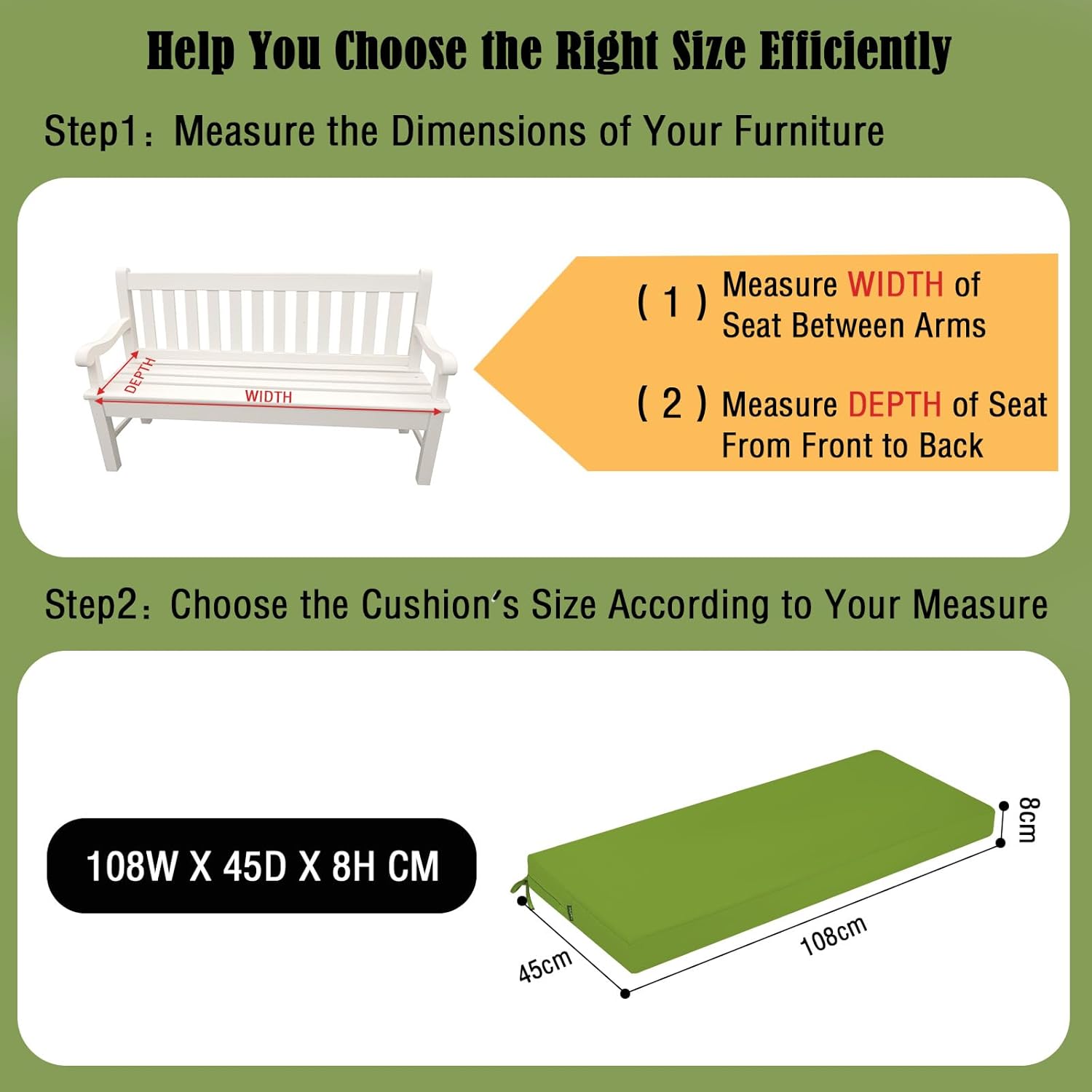 Thumbnail 1 de PRIMEPATIO Outdoor Bench Cushion – Waterproof 8cm long bench pad for patio seating (Green)