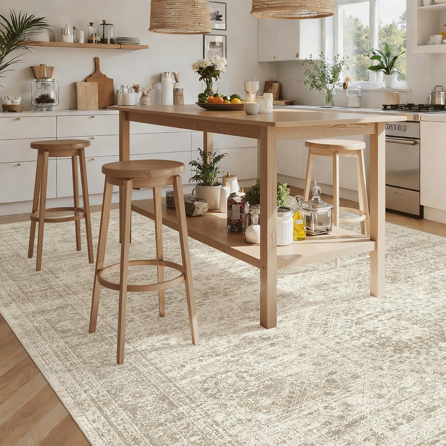 Thumbnail 3 de Soalmost 8x12 Rug: Large, Soft, Washable Beige Vintage Hex Pattern with Non-Slip Backing