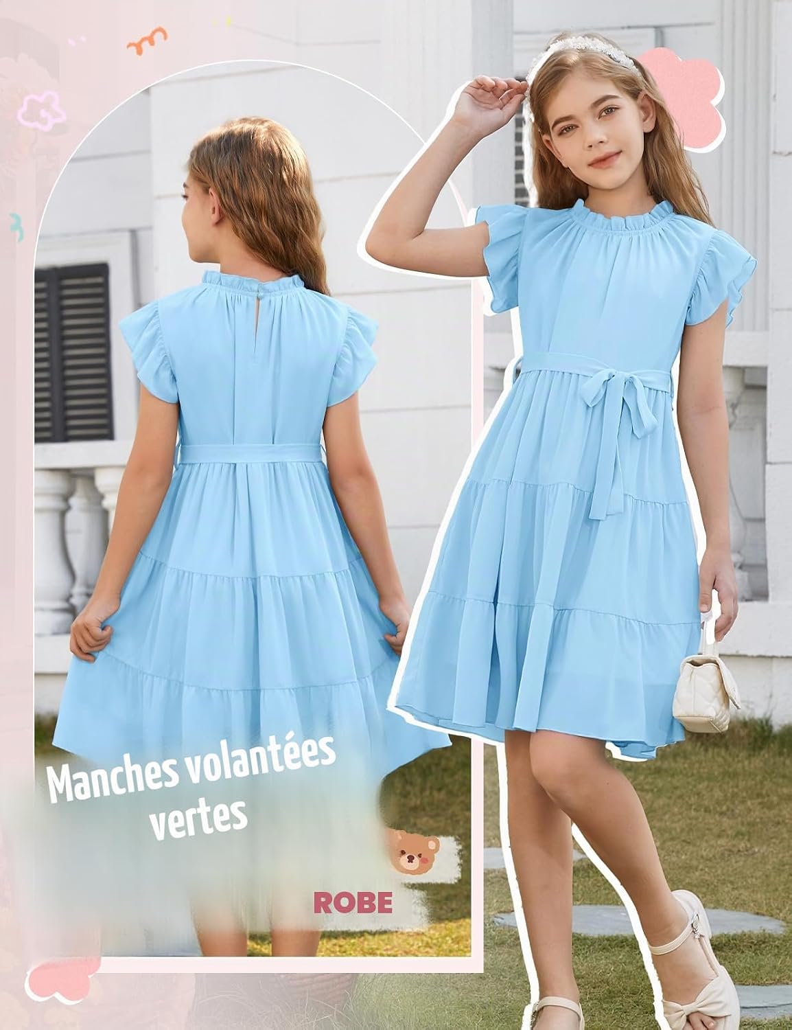Thumbnail 2 de Fashora Robe d'Été pour Fille — Robe Trapèze Mi-Longue à Volants et Ceinture