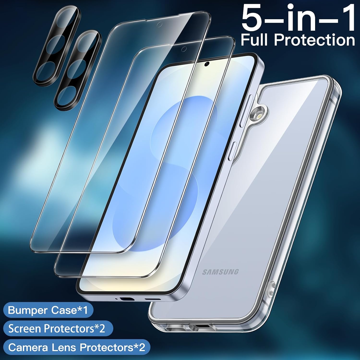 Detalle de JETech Samsung Galaxy S25 5-i-1-skal, klart TPU/PC med glasskydd