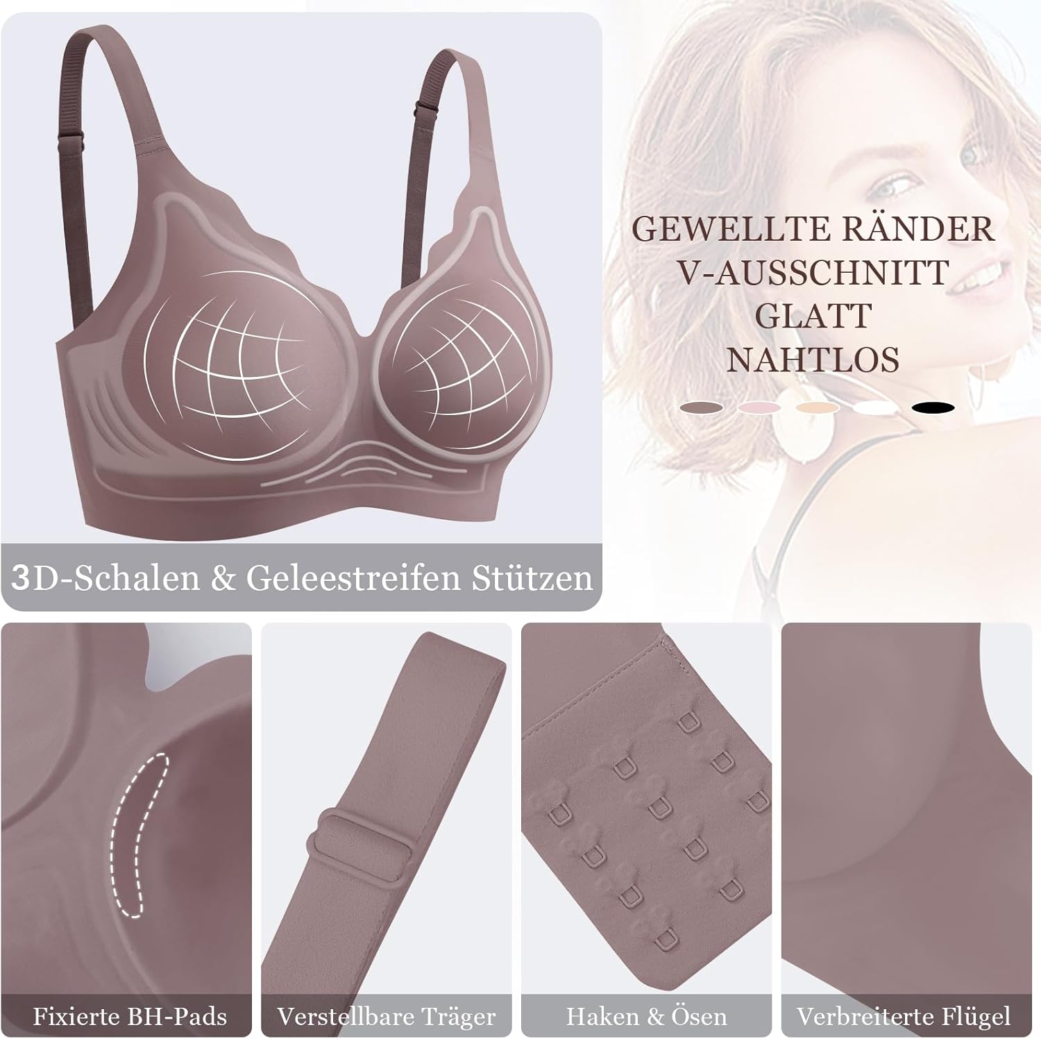 Detalle de Ganado Damen Nahtloser BH Ohne Bügel | Tiefes V-Ausschnitt Bralette mit gewellten Rändern