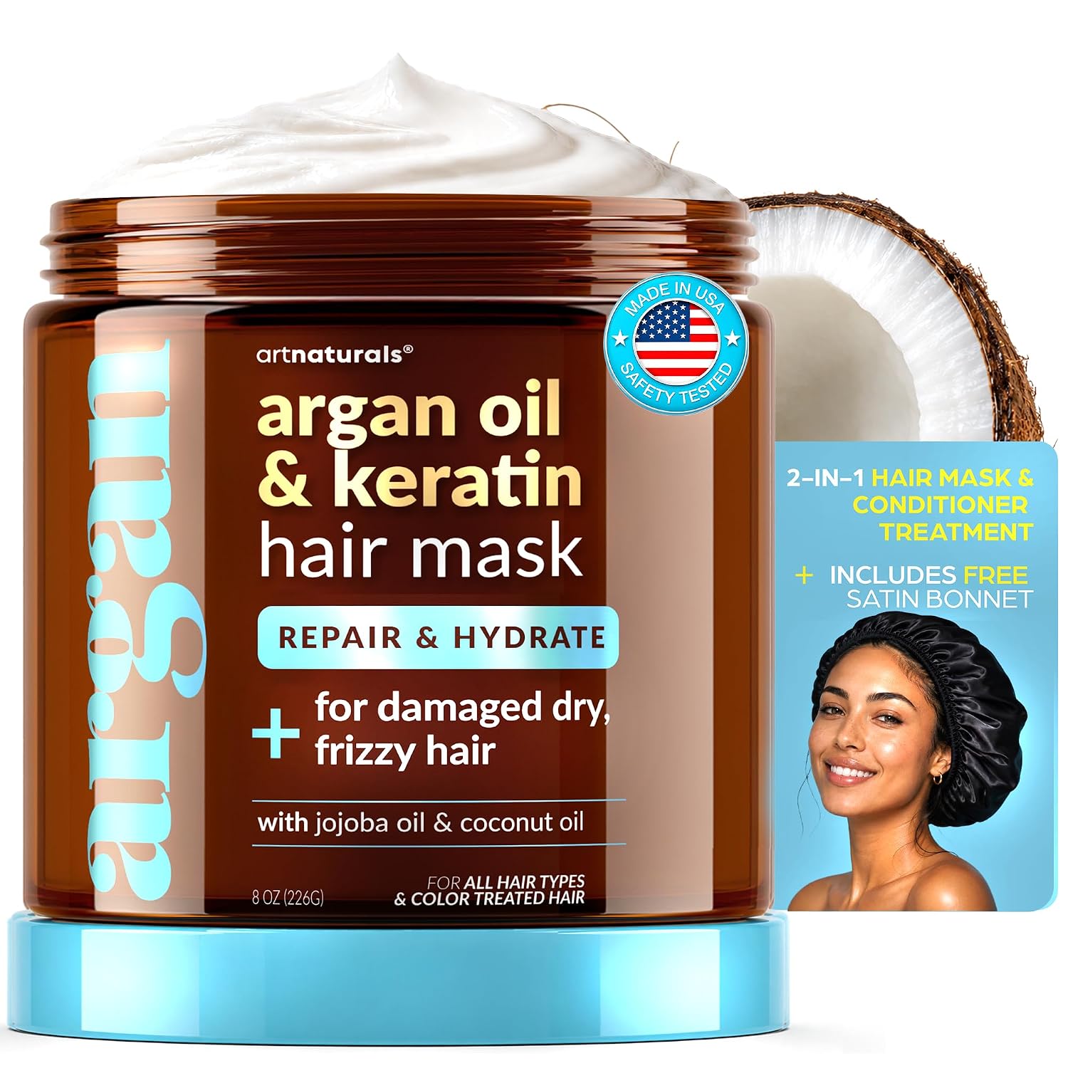 Detalle de ArtNaturals 2-Step Deep Repair Hair Mask with Silk Sleep Bonnet – Intensive Treatment for Damaged, Dry & Color-Treated Hair