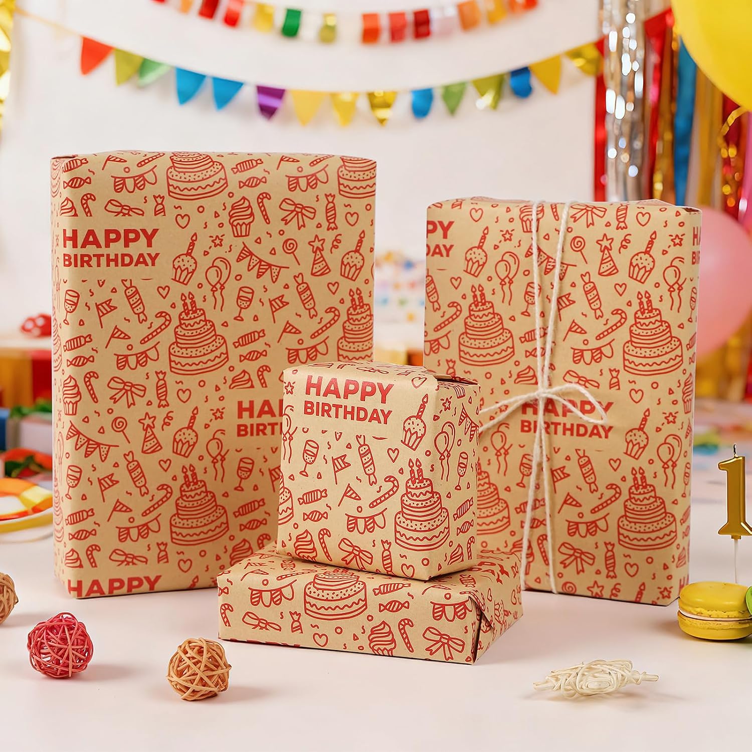 Detalle de Birthday Wrapping Paper: Red Kraft Roll, 50x70cm (8 sheets) - Classic Recyclable Gift Wrap