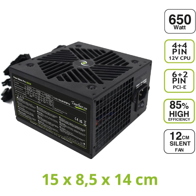 Detalle 2 de Tecnoware Free Silent Pro ATX 650W, fuente con ventilador silencioso y conectores PCI-E