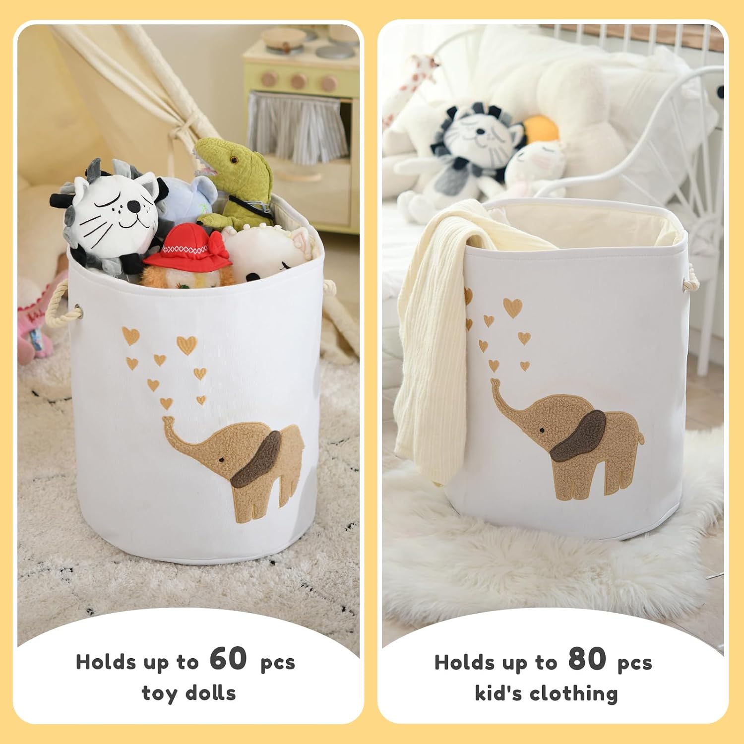 Detalle de INough Baby Laundry Basket Hamper (Canvas, 58L) with Elephant Embroidery & Drawstring Closure