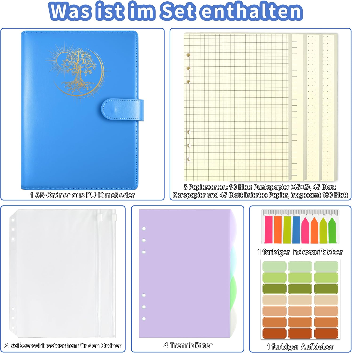 Detalle de Qefuna A5-Ringbuch mit PU-Einband „Sun Tree of Life“ und 180 Nachfüllblättern (blau)