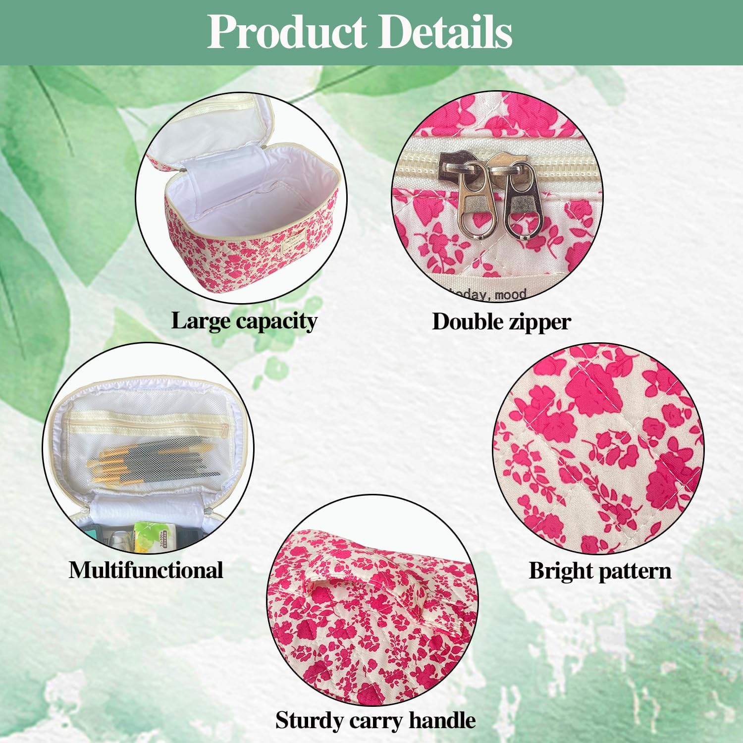 Thumbnail 3 de WYJ Rose Red Quilted Floral Makeup Bag 25 cm